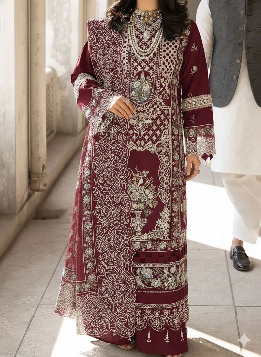 Chrimson - 3pc Chikenkari Embroidered Lawn with Emb khaadi Net Dopatta