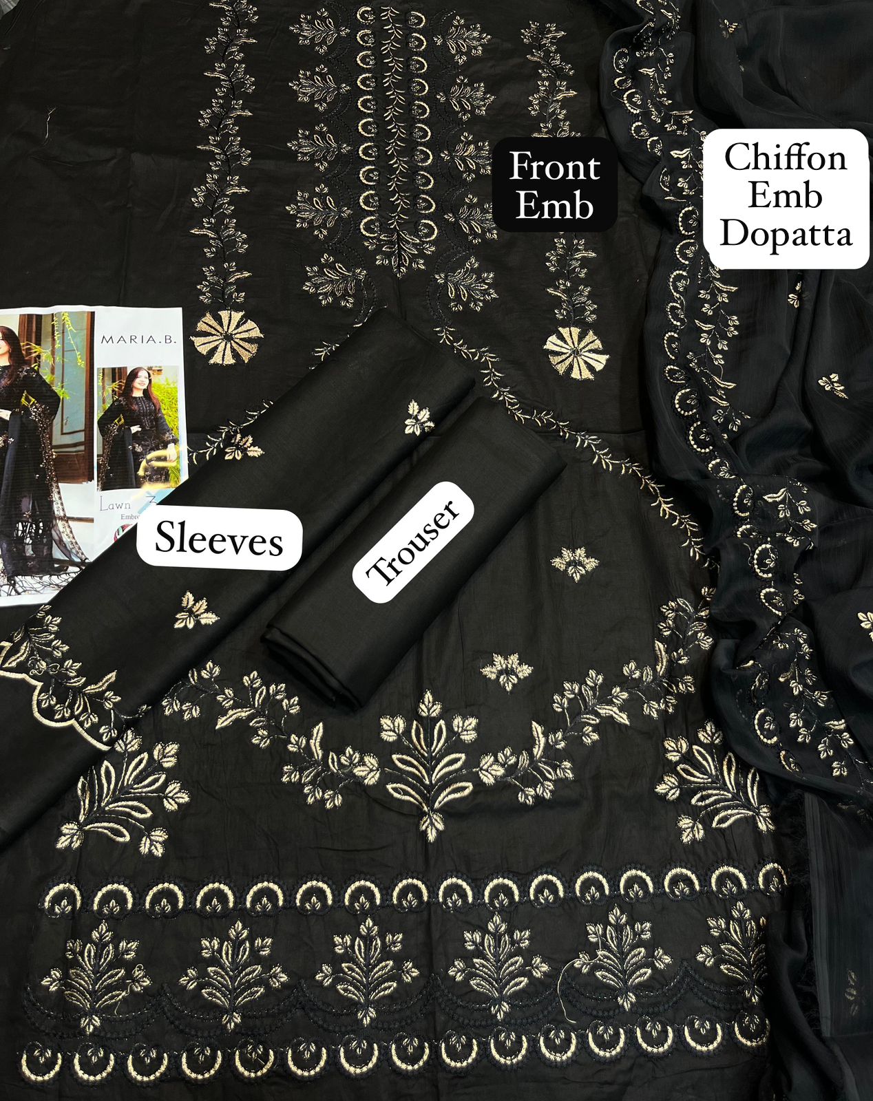 Maria B - 3pc LAWN Heavy Embroidered with Emb Chiffon Dopata