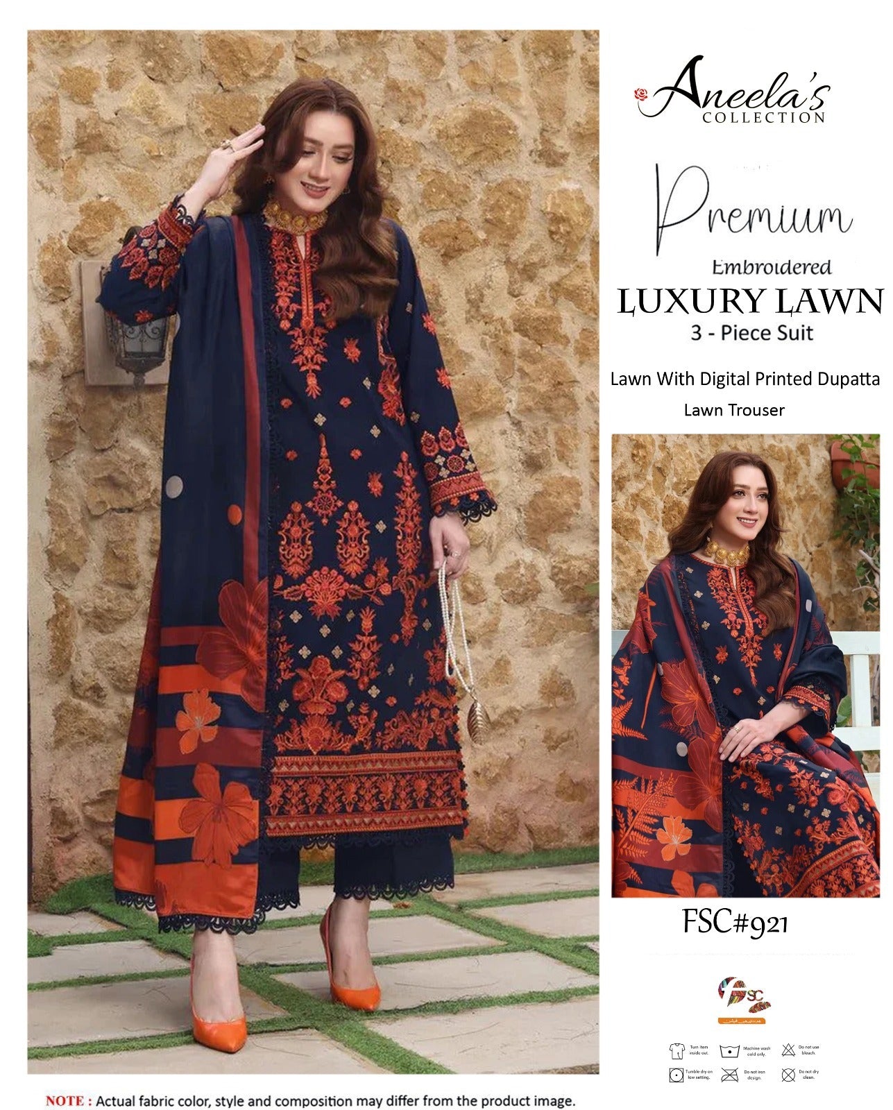 Aneela,s - 3pc LAWN Embroidered with Printed Diamond Dopata