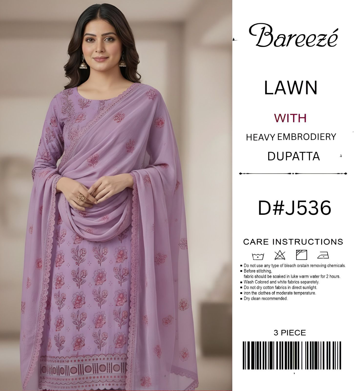 BAREEZE - 3pc Lawn Heavy Embroidered with Bamber pure embroidery dupatta