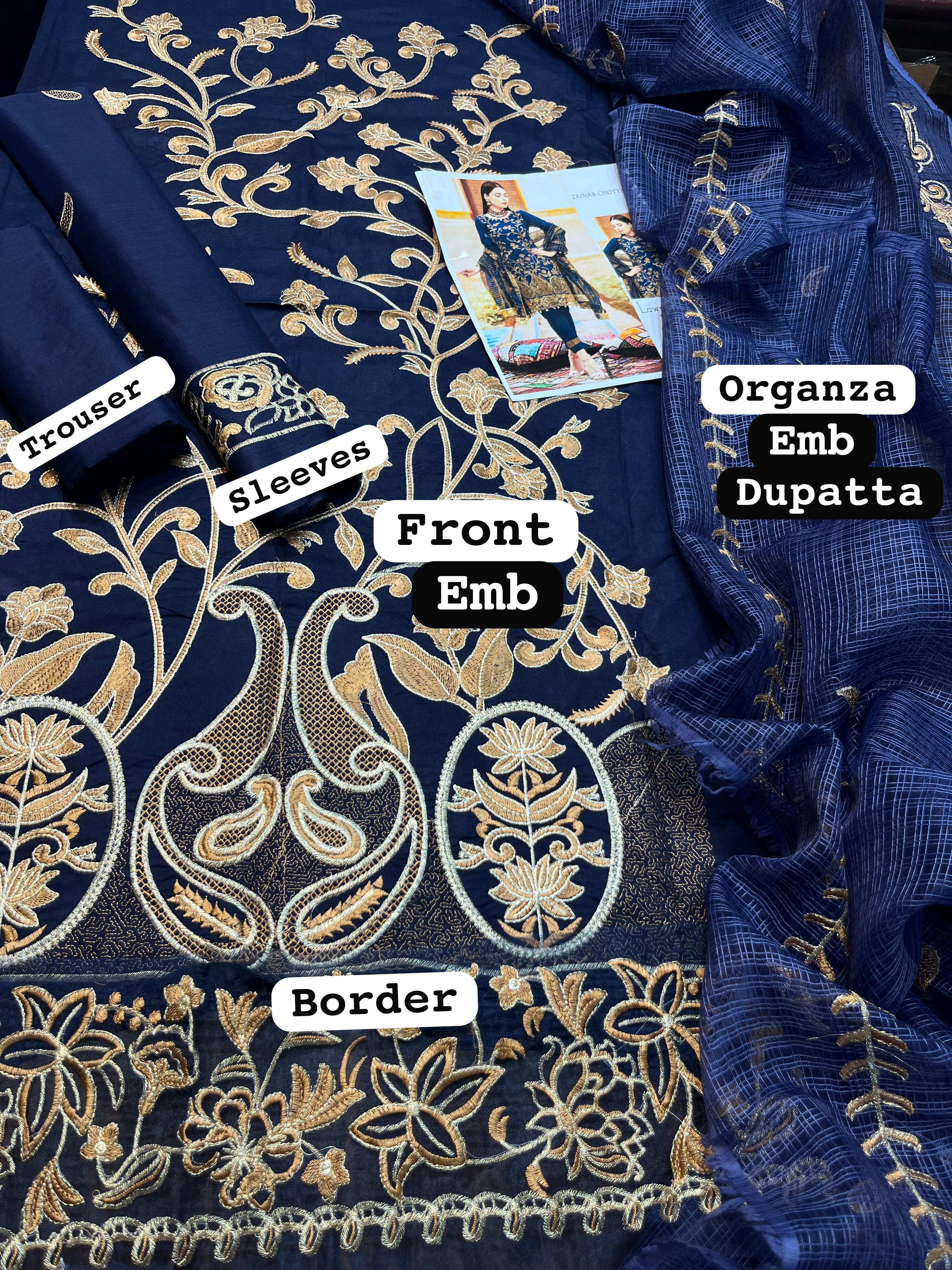 Zainab Chottani - 3pc Embroidered Lawn with Emb Organza Dopatta