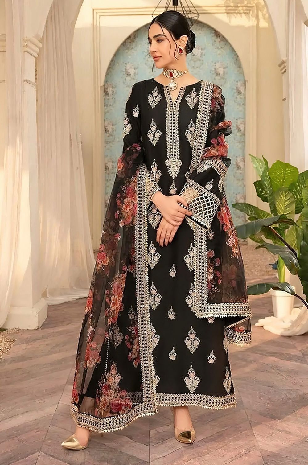 Nureh - 3pc Embroidered Lawn with Ready to wear Emb Chiffon Dopatta