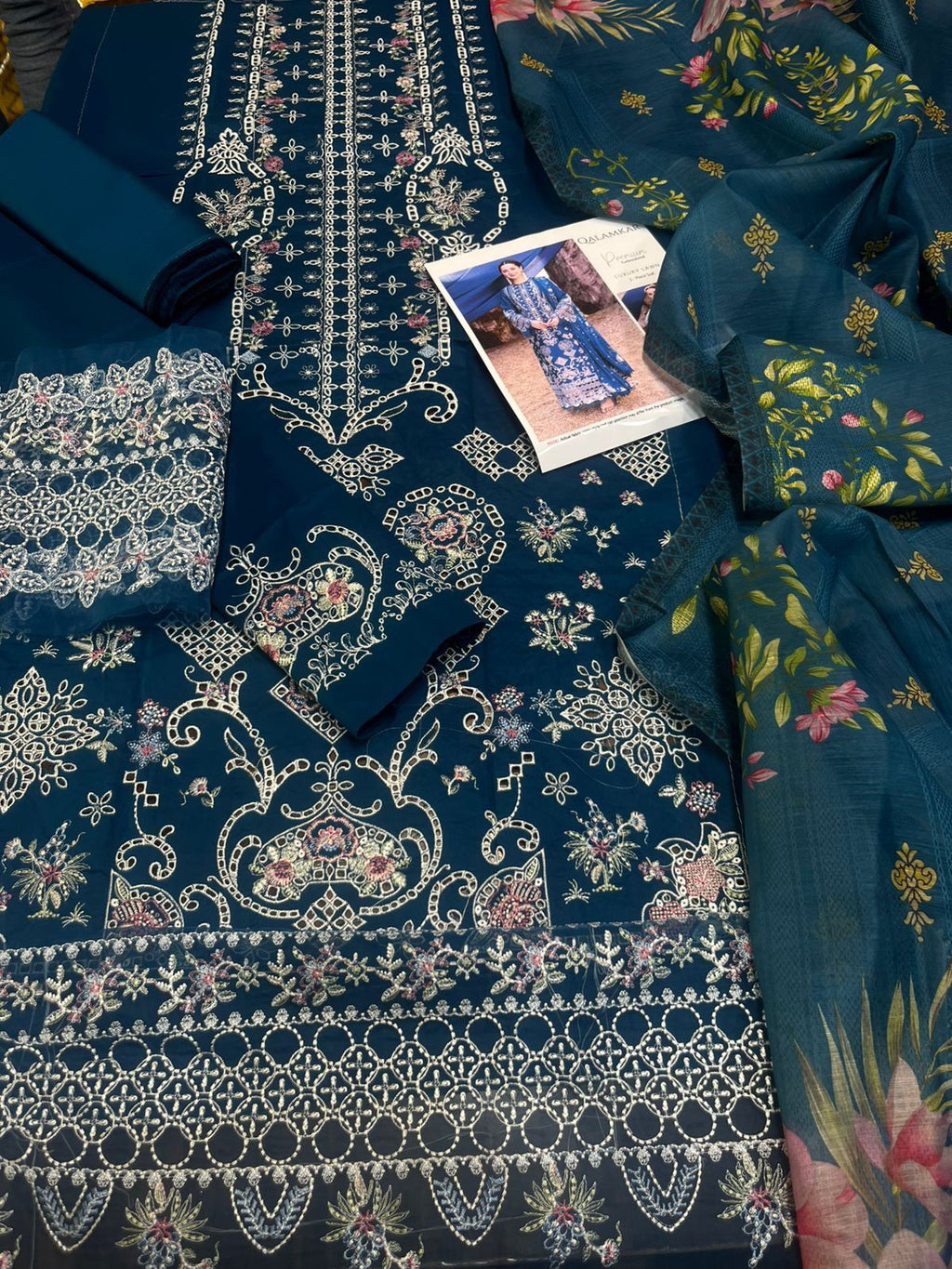 Qalamkar - 3pc Heavy Embroidered Lawn with Printed Soft diamond Dopatta