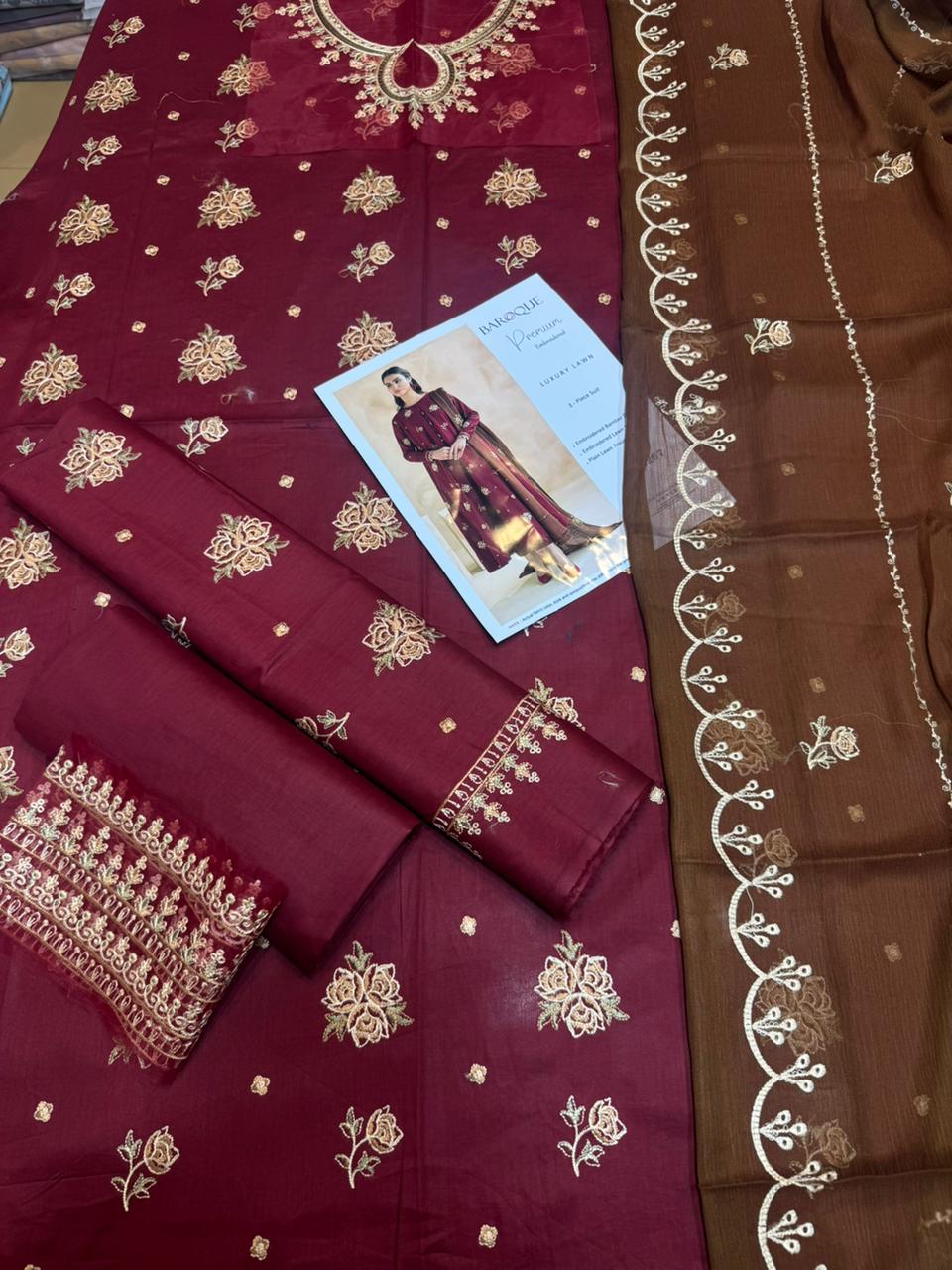 Baroque - 3pc Heavy Embroidered Lawn with Emb Chiffon Dopatta