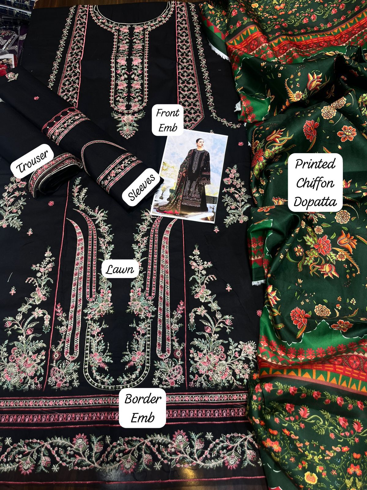 Hussain Rehar - 3pc Heavy Embroidered Lawn with Digital Print Tarkashi Dopatta