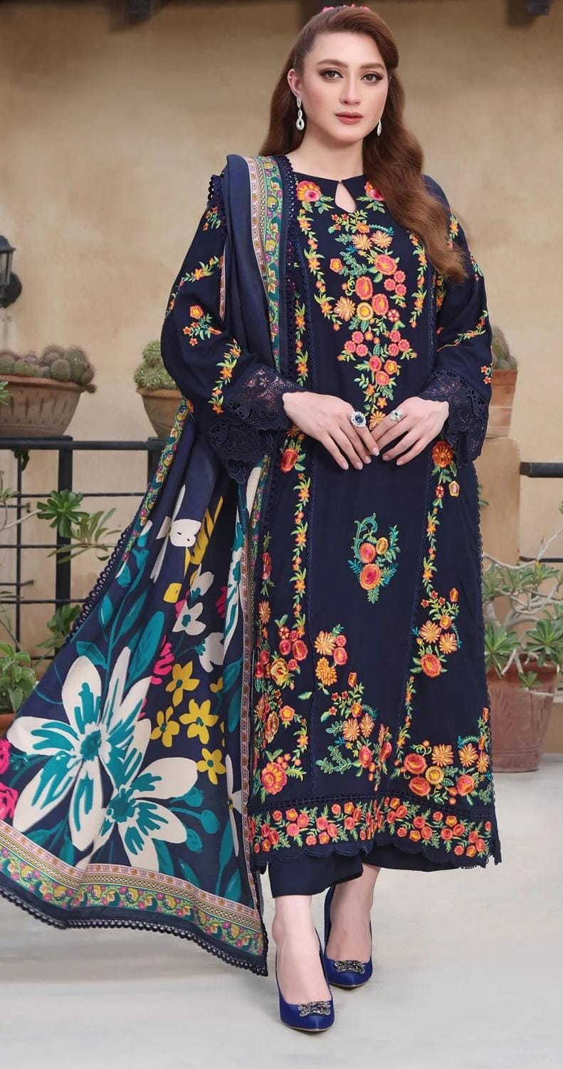 Aneela's - 3pc Embroidered Lawn with Printed Soft Diamond Dopatta
