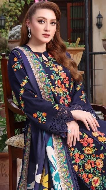 Aneela's - 3pc Embroidered Lawn with Printed Soft Diamond Dopatta