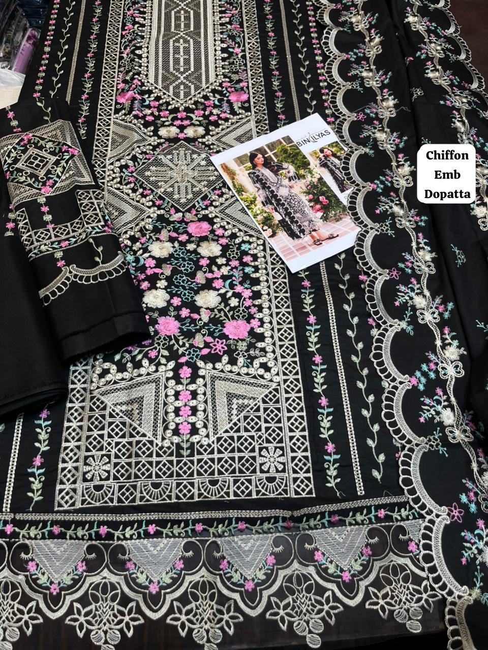 Bin ilyas - 3pc Embroidered Lawn with Emb Chiffon ready to wear Dopatta