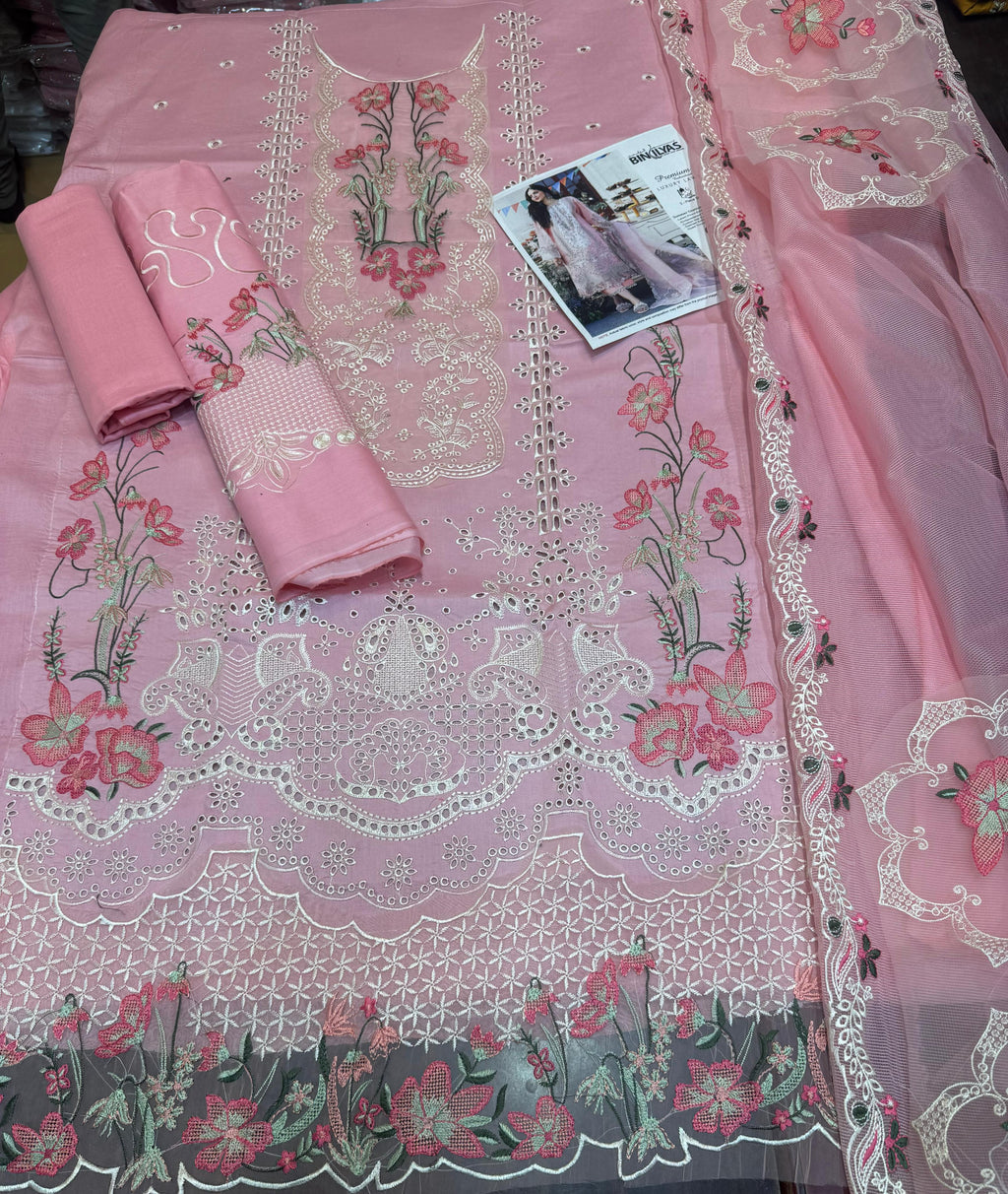 Bin ilyas - 3pc Chikenkari Embroidered Lawn with Emb Khaadi Net Dopatta