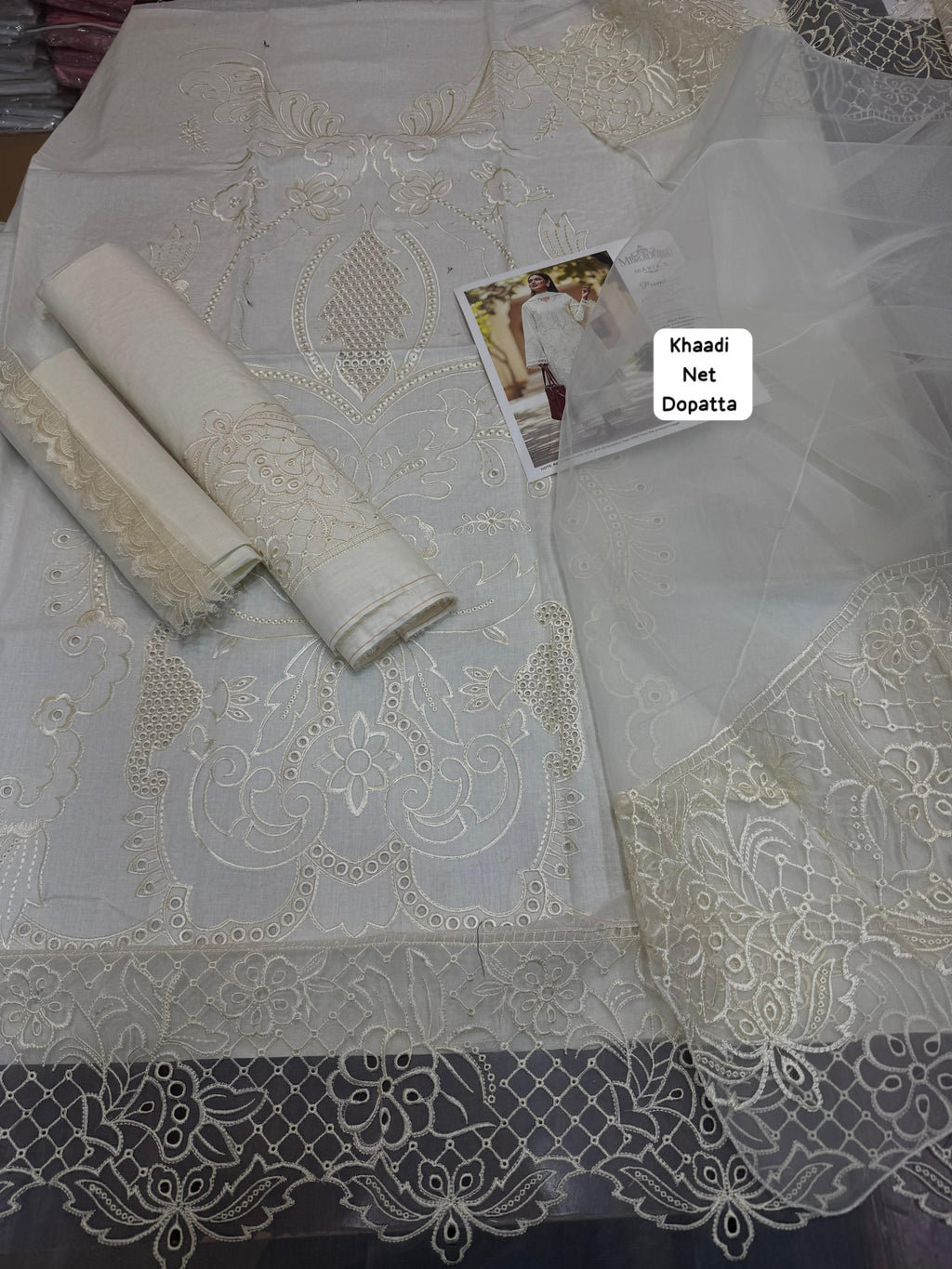 Maria B - 3pc Chikenkari Embroidered Lawn with Emb Khaadi Net Dopatta