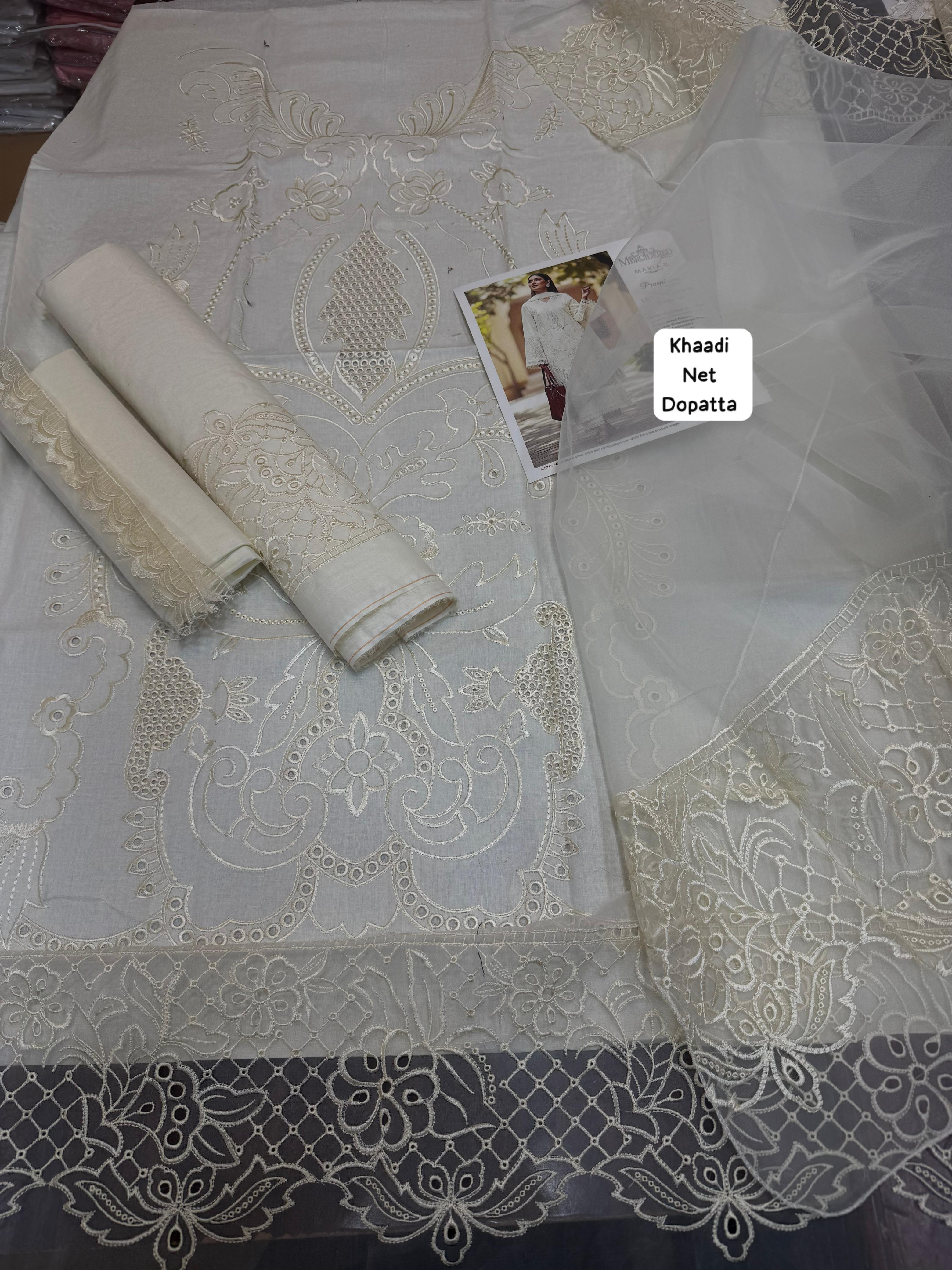 Maria B - 3pc Chikenkari Embroidered Lawn with Emb Khaadi Net Dopatta