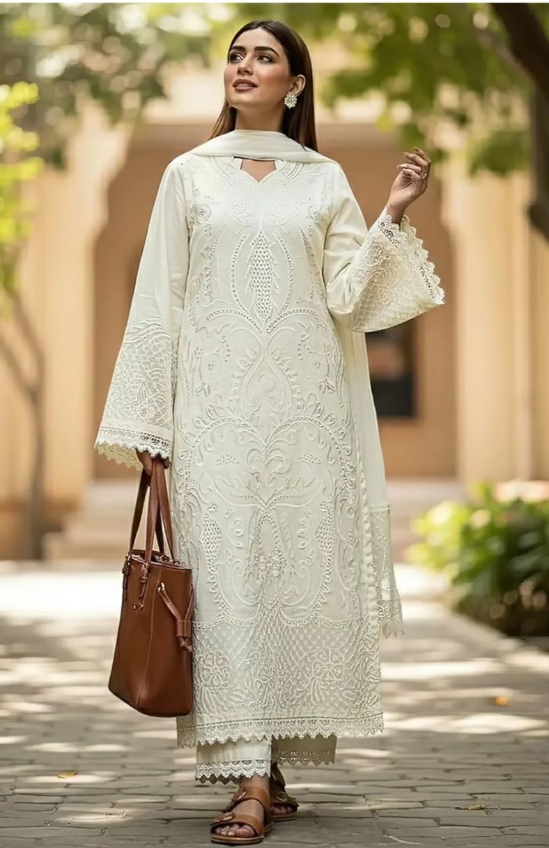 Maria B - 3pc Chikenkari Embroidered Lawn with Emb Khaadi Net Dopatta