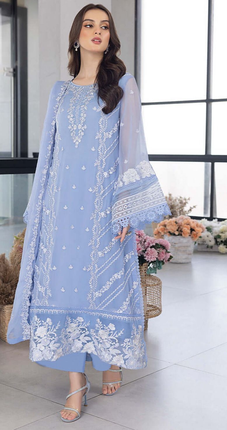 AZURE - 3pc Embroidered Lawn with Organza Emb Dopatta