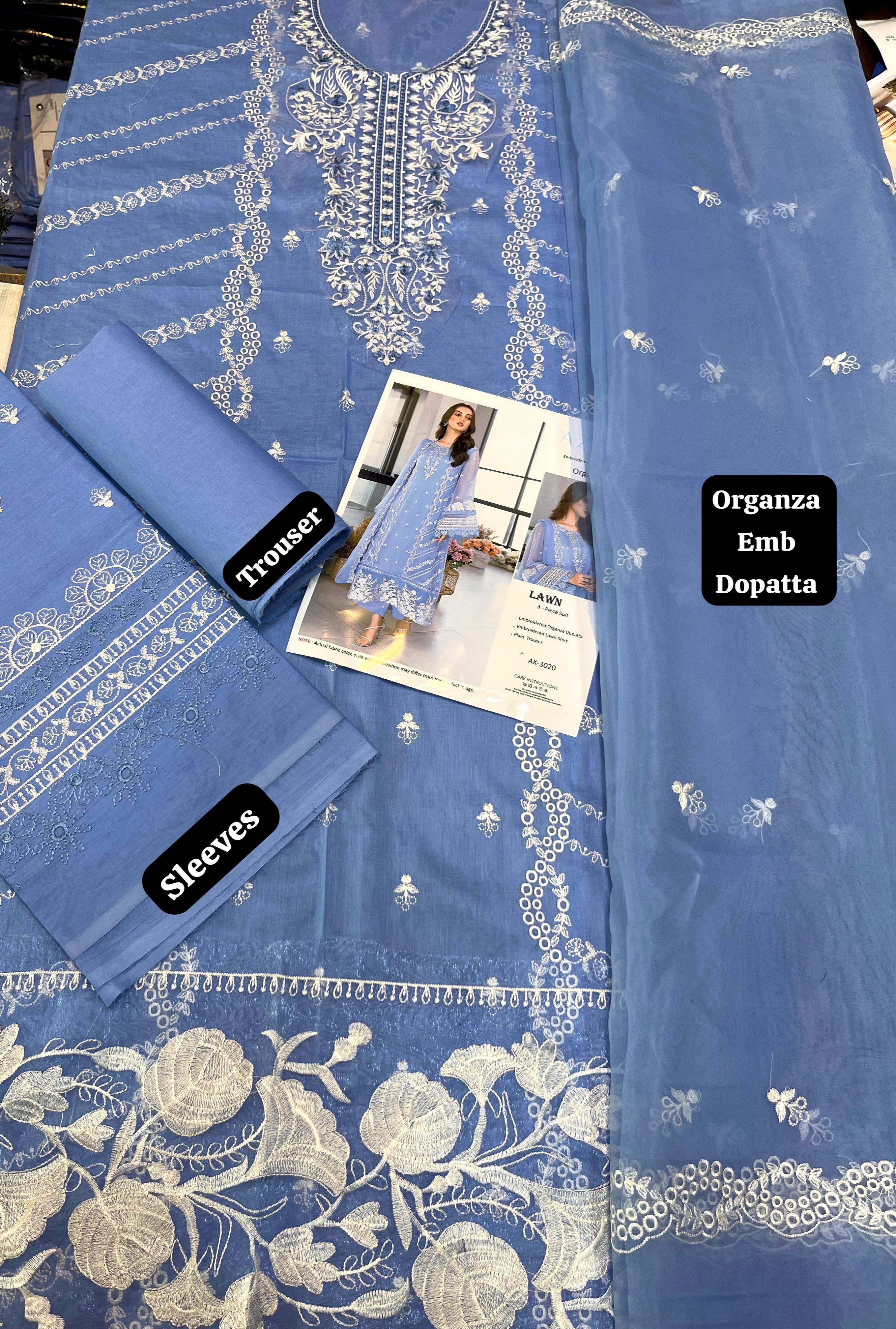 AZURE - 3pc Embroidered Lawn with Organza Emb Dopatta