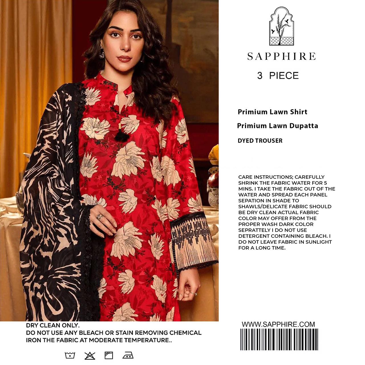Sapphire - 3pc Digital Print Lawn with 4 side Lawn Printed Dopatta