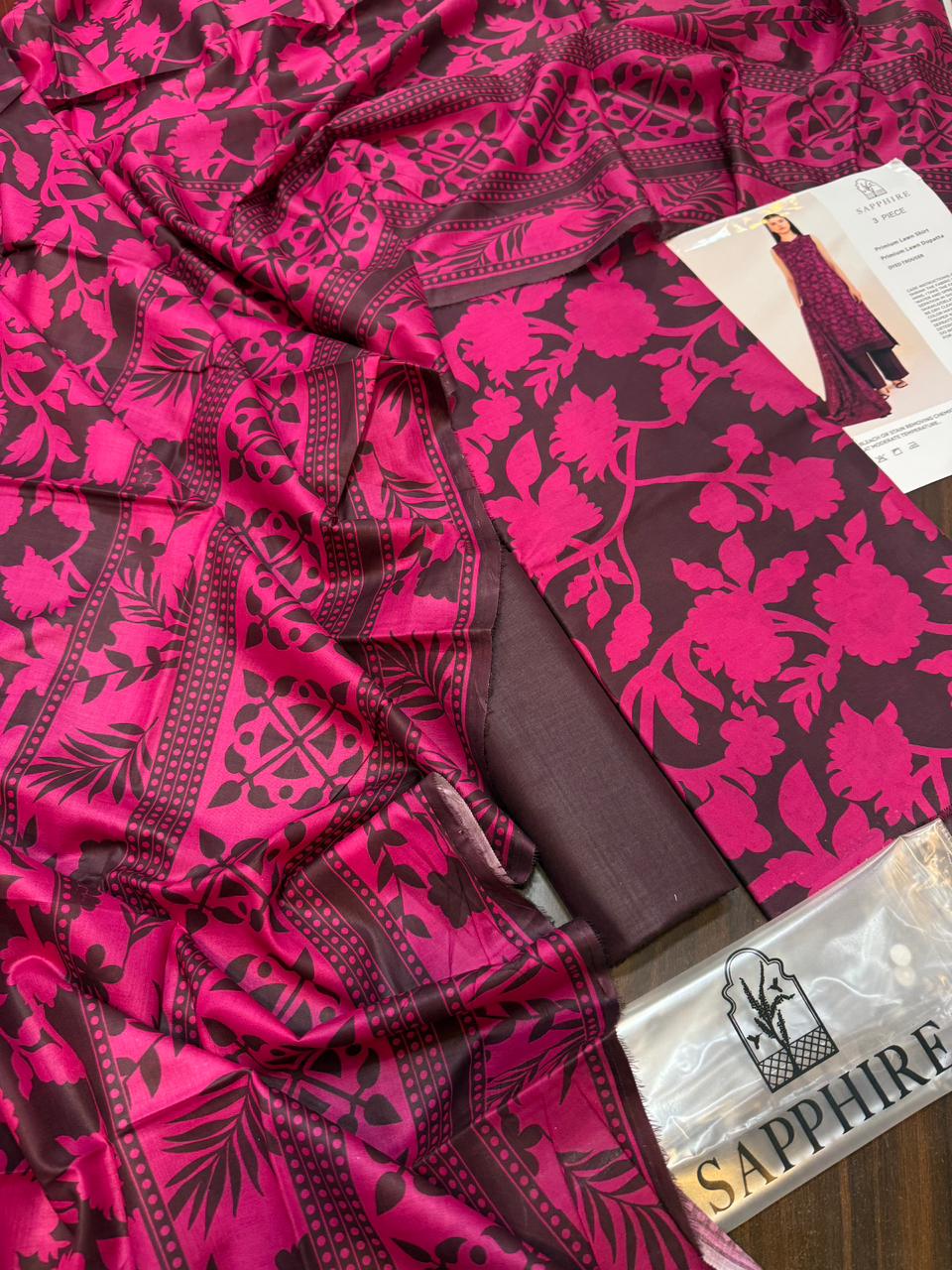 Sapphire - 3pc Digital Print Lawn with 4 side Lawn Printed Dopatta