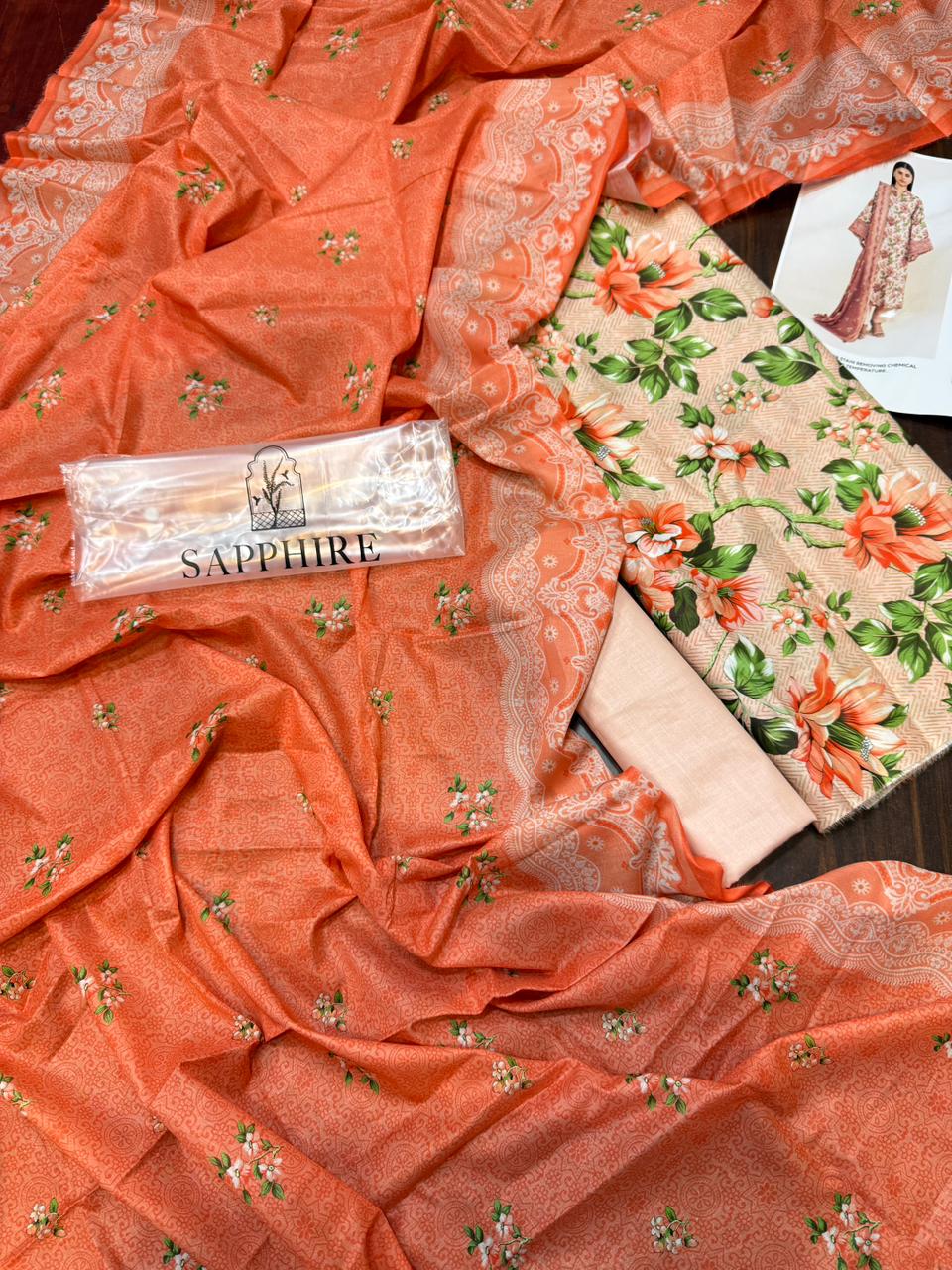 Sapphire - 3pc Digital Print Lawn with 4 side Lawn Printed Dopatta