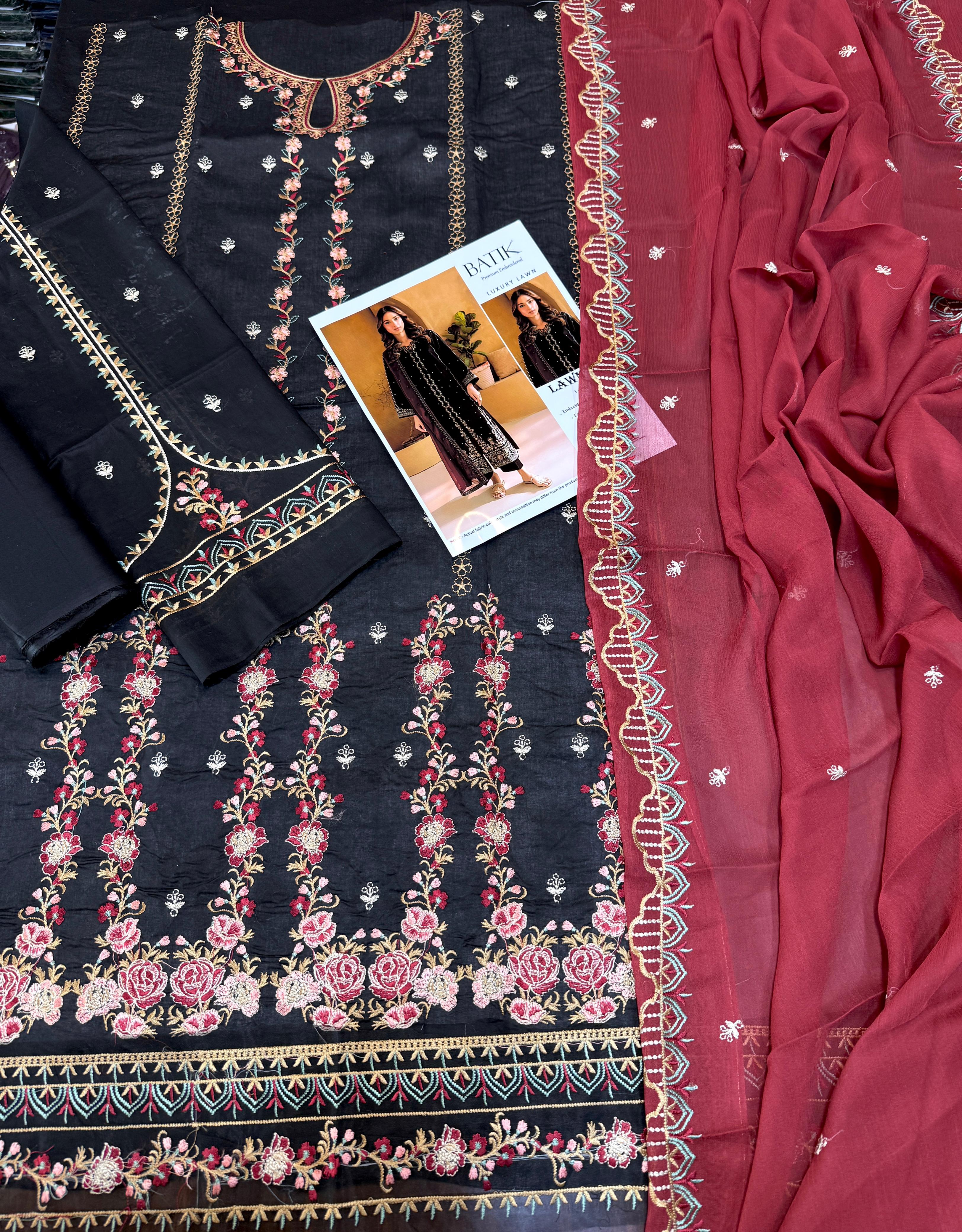 Batik - 3pc Embroidered Lawn with Emb Chiffon Dopatta
