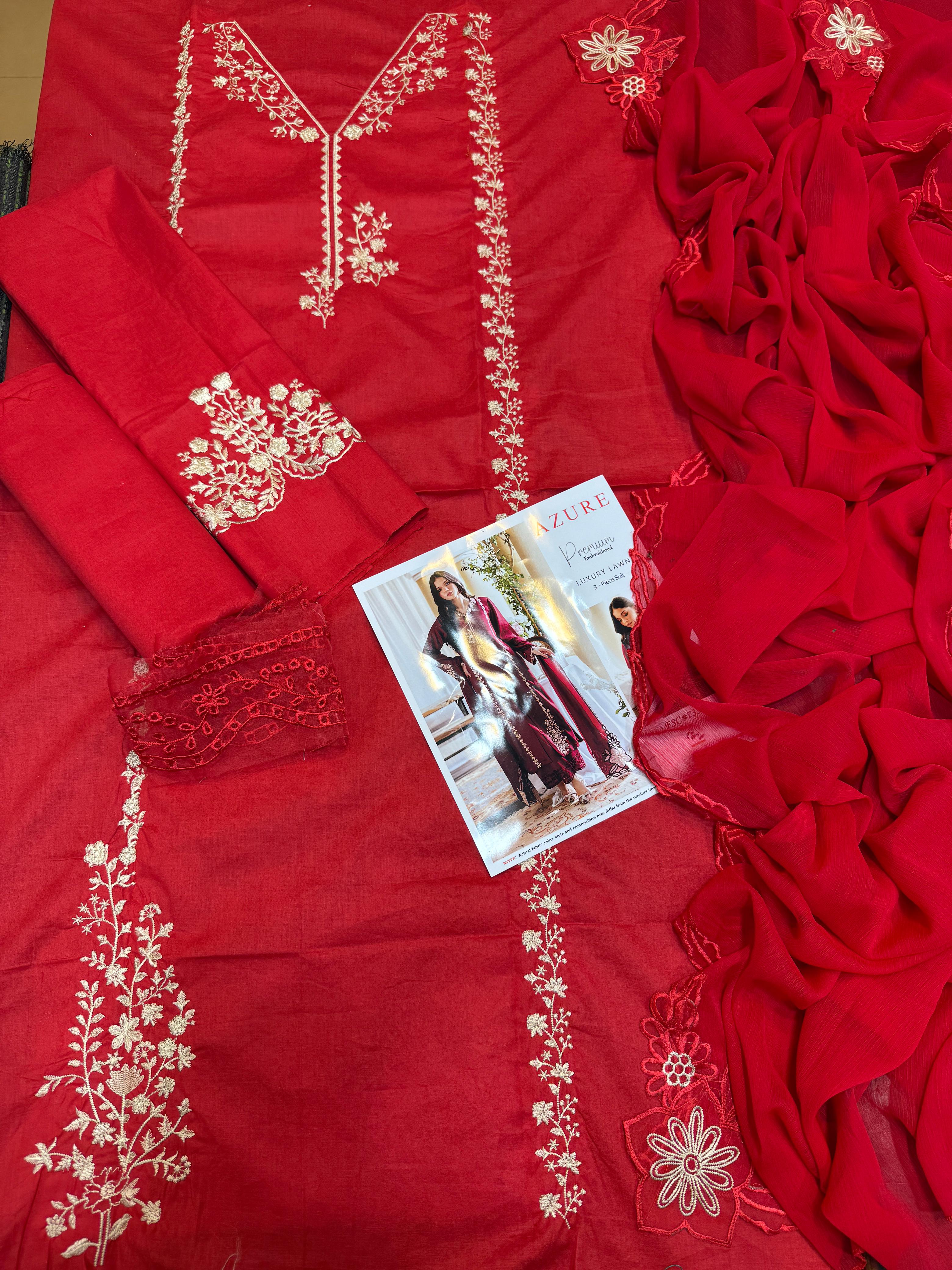 Azure - 3pc Embroidered Lawn with Emb ready to wear Chiffon Dopatta