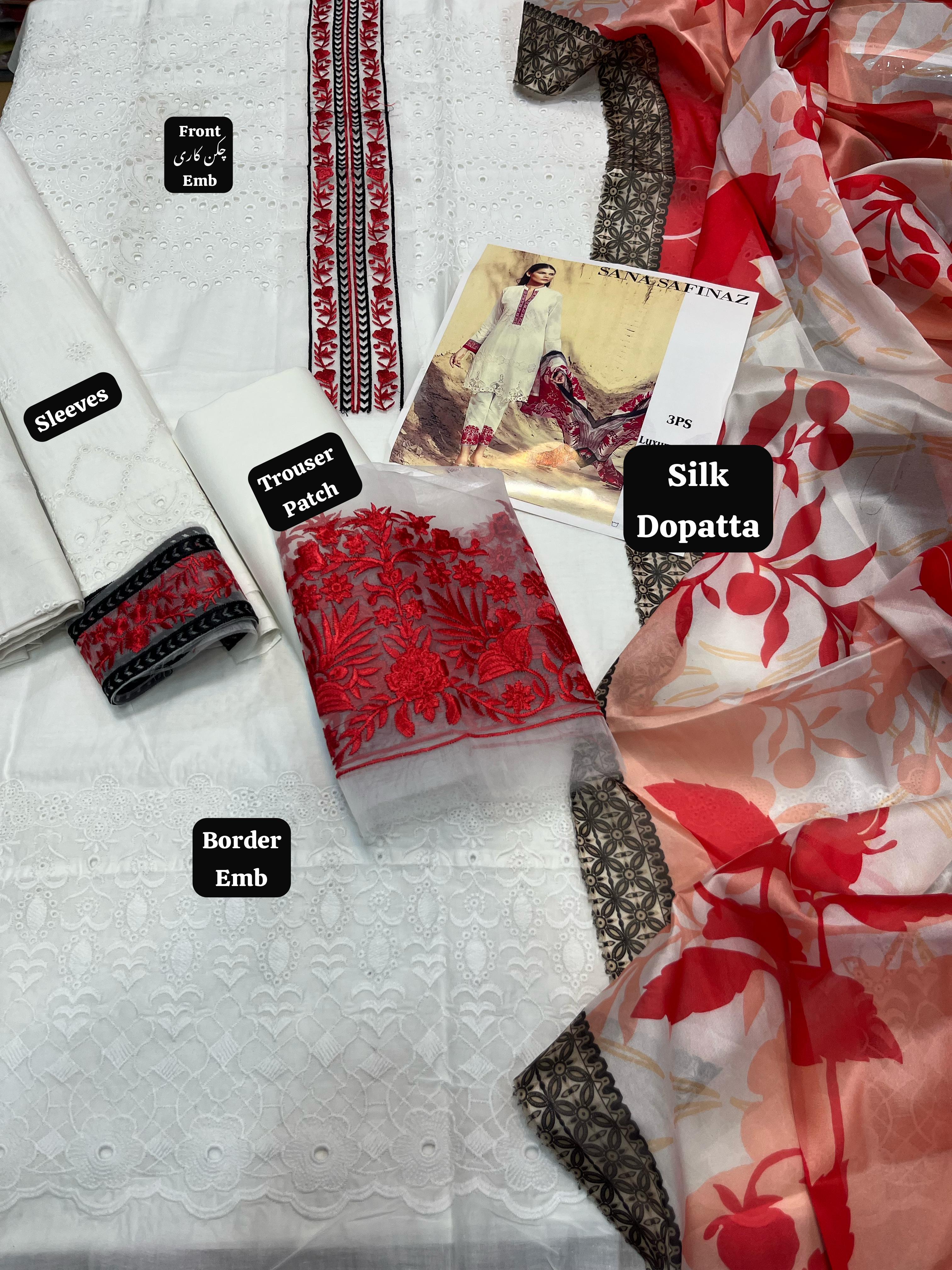 Sana Safinaz - 3pc Chikenkari Embroidered Lawn with Printed Diamond Silk Dopatta