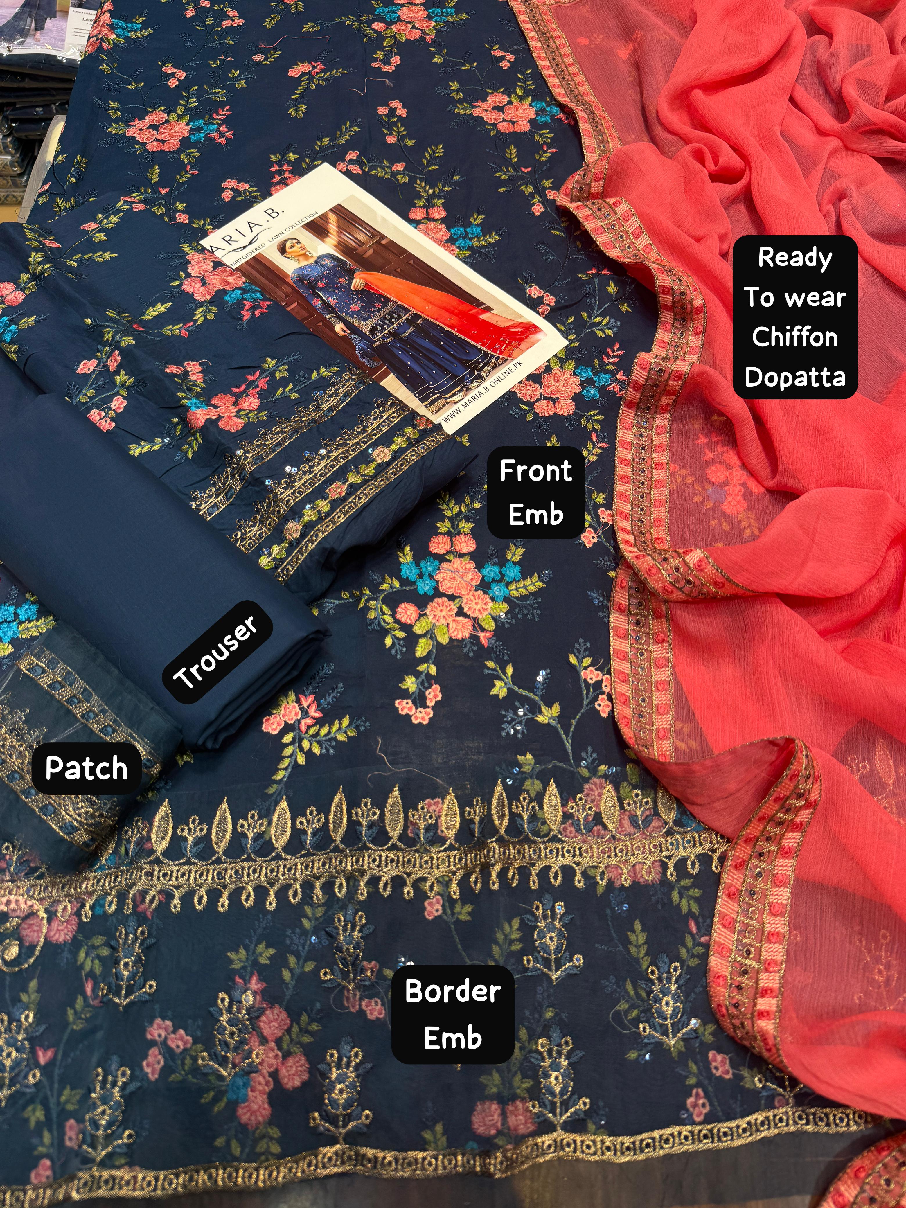 Maria B - 3pc Embroidered Lawn with Ready to wear Emb Chiffon Dopatta