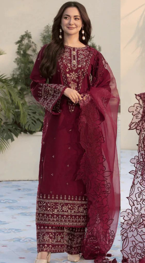 Qalamkar - 3pc Embroidered Lawn with Emb Organza Dopatta