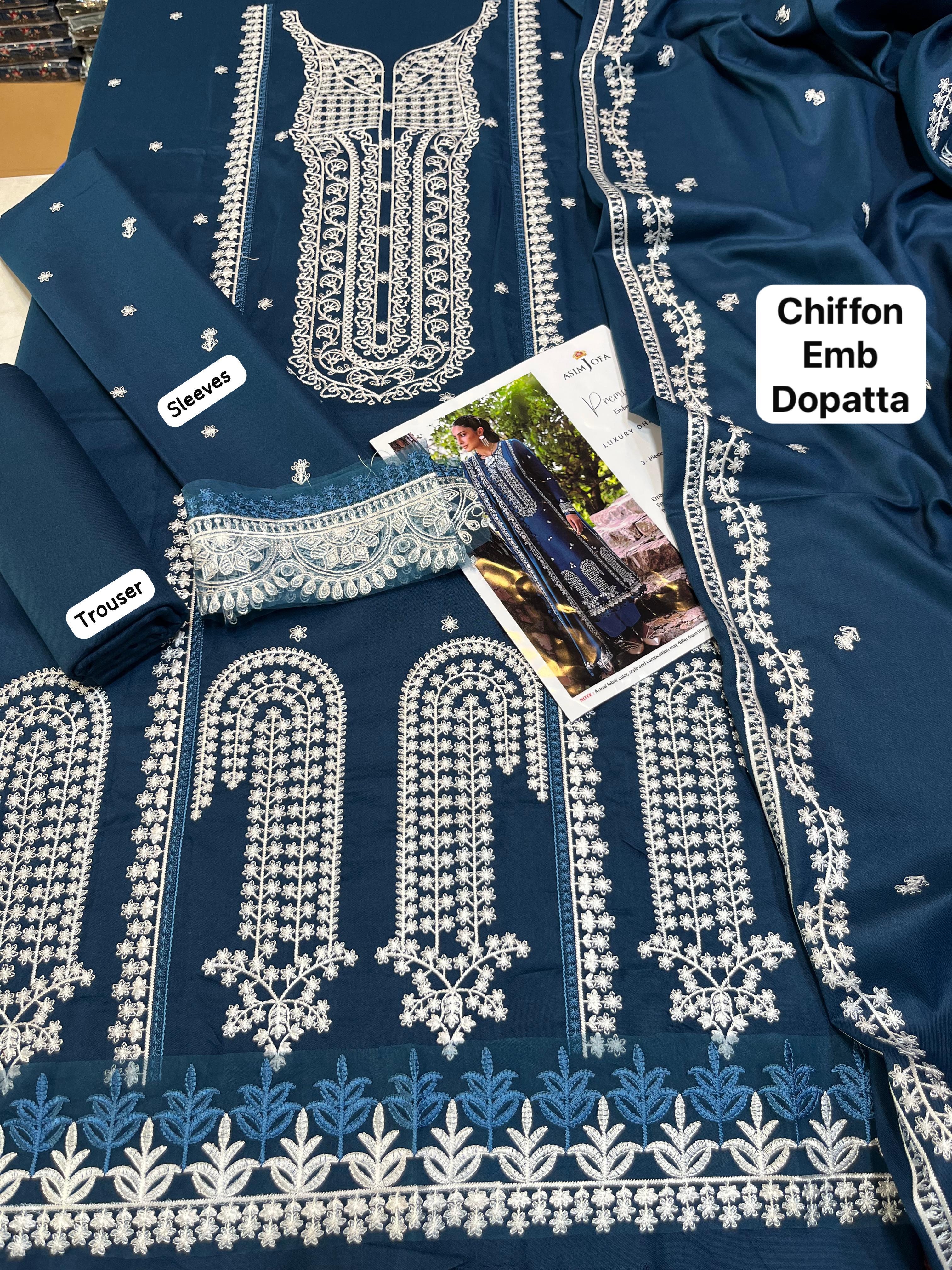 Asim Jofa - 3pc Embroidered Lawn with Emb Chiffon Dopatta