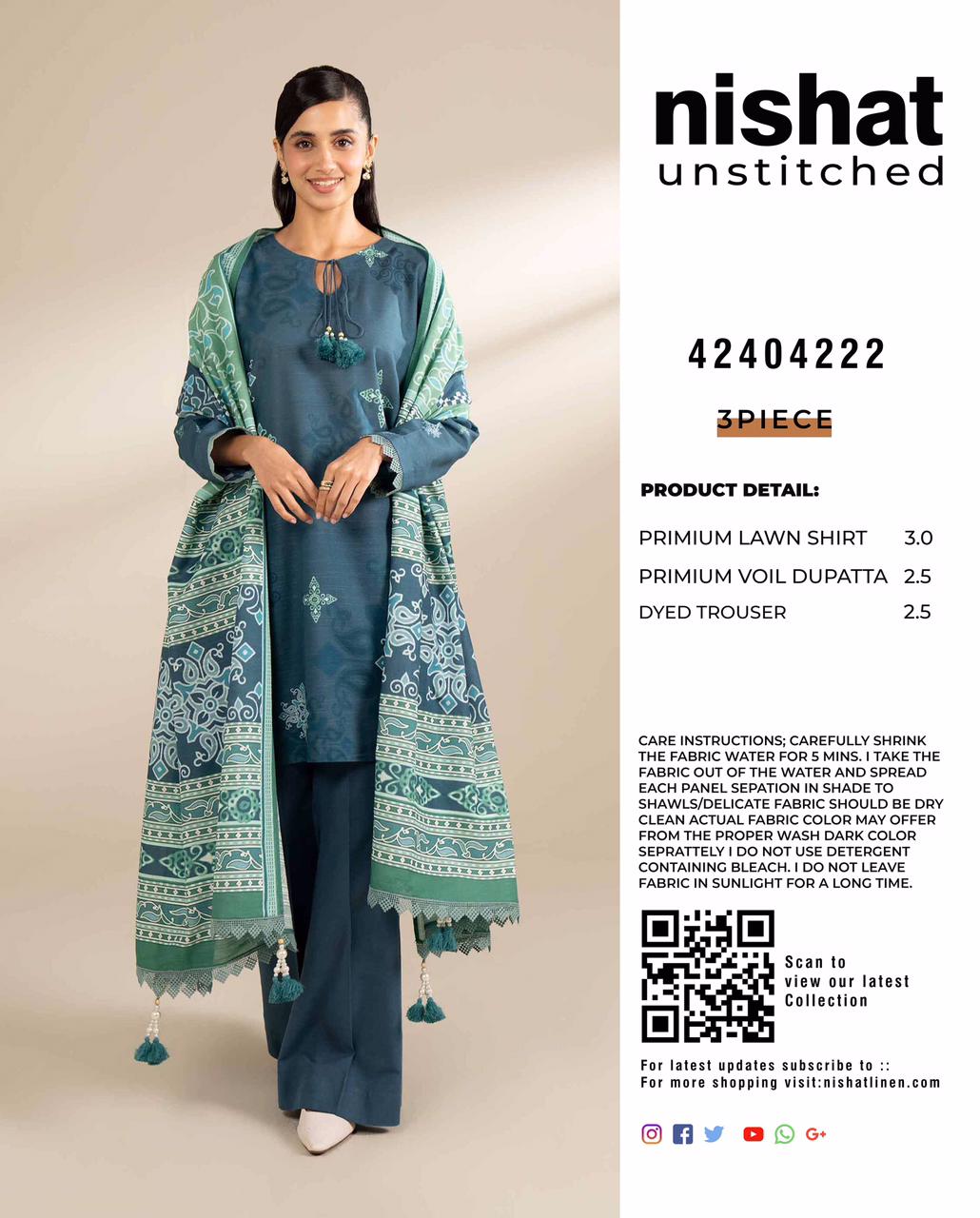 Nishat - 3pc Digital Lawn with 4 Side Printed Dopatta