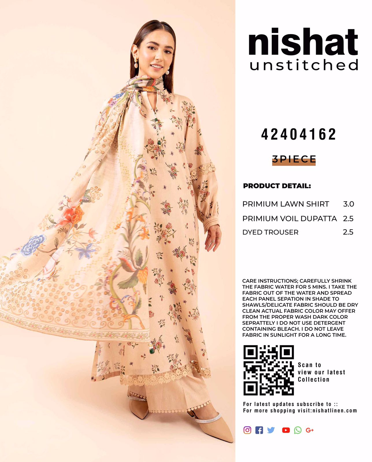 Nishat - 3pc Digital Lawn with 4 Side Printed Dopatta
