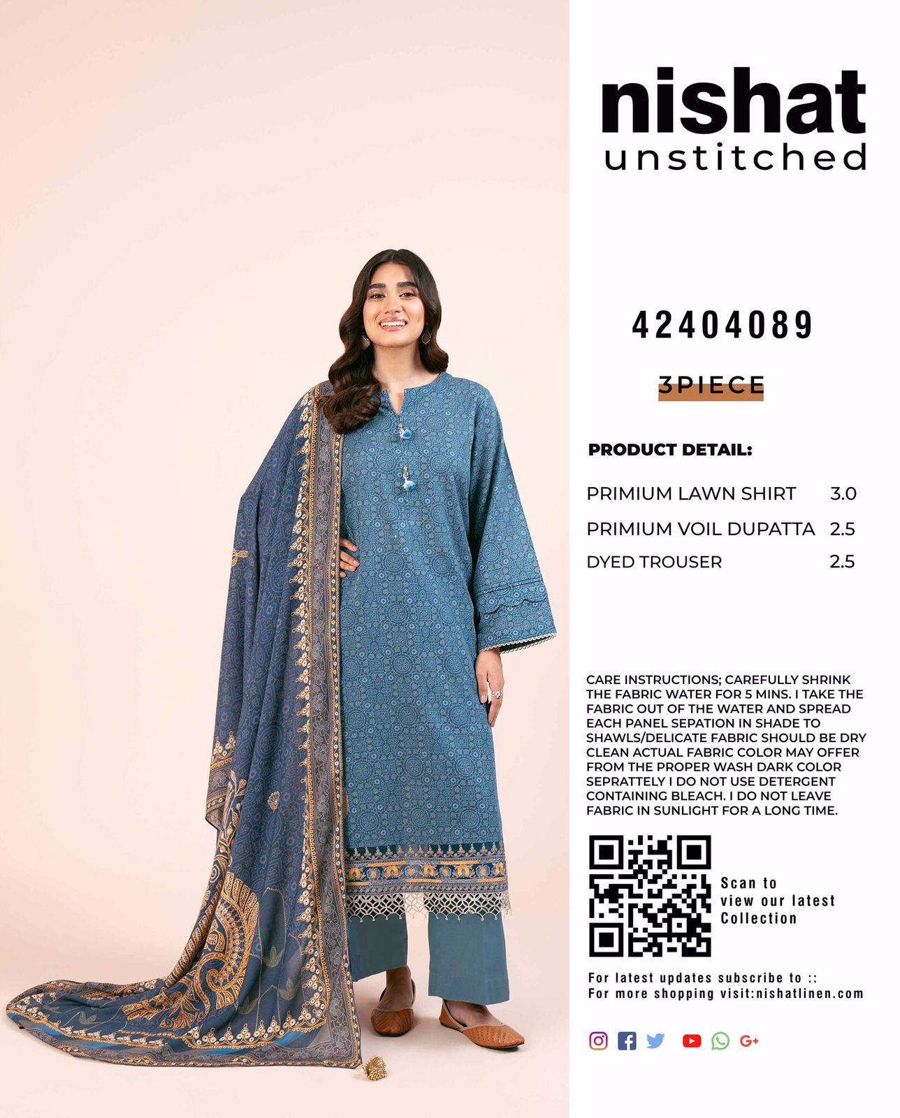 Nishat - 3pc Digital Lawn with 4 Side Printed Dopatta