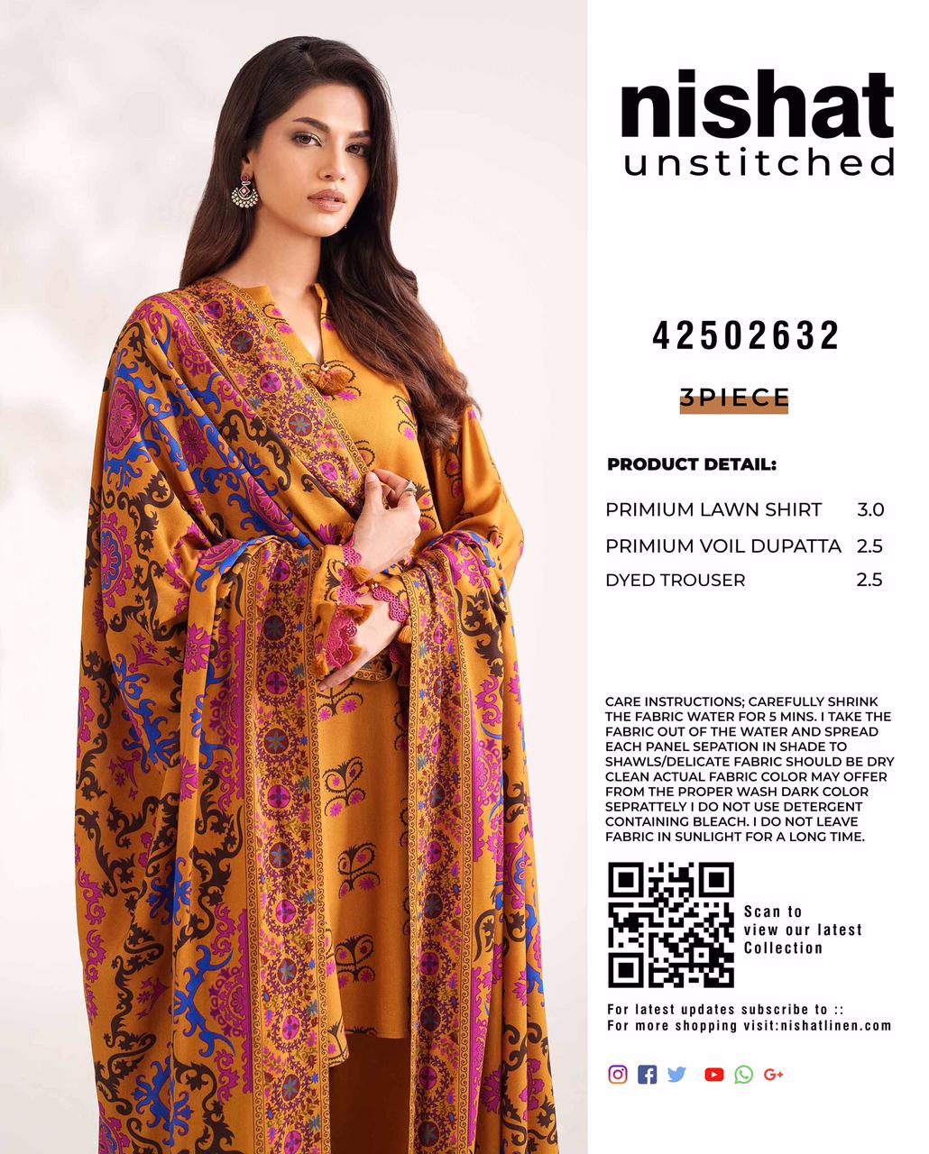 Nishat - 3pc Digital Lawn with 4 Side Printed Dopatta