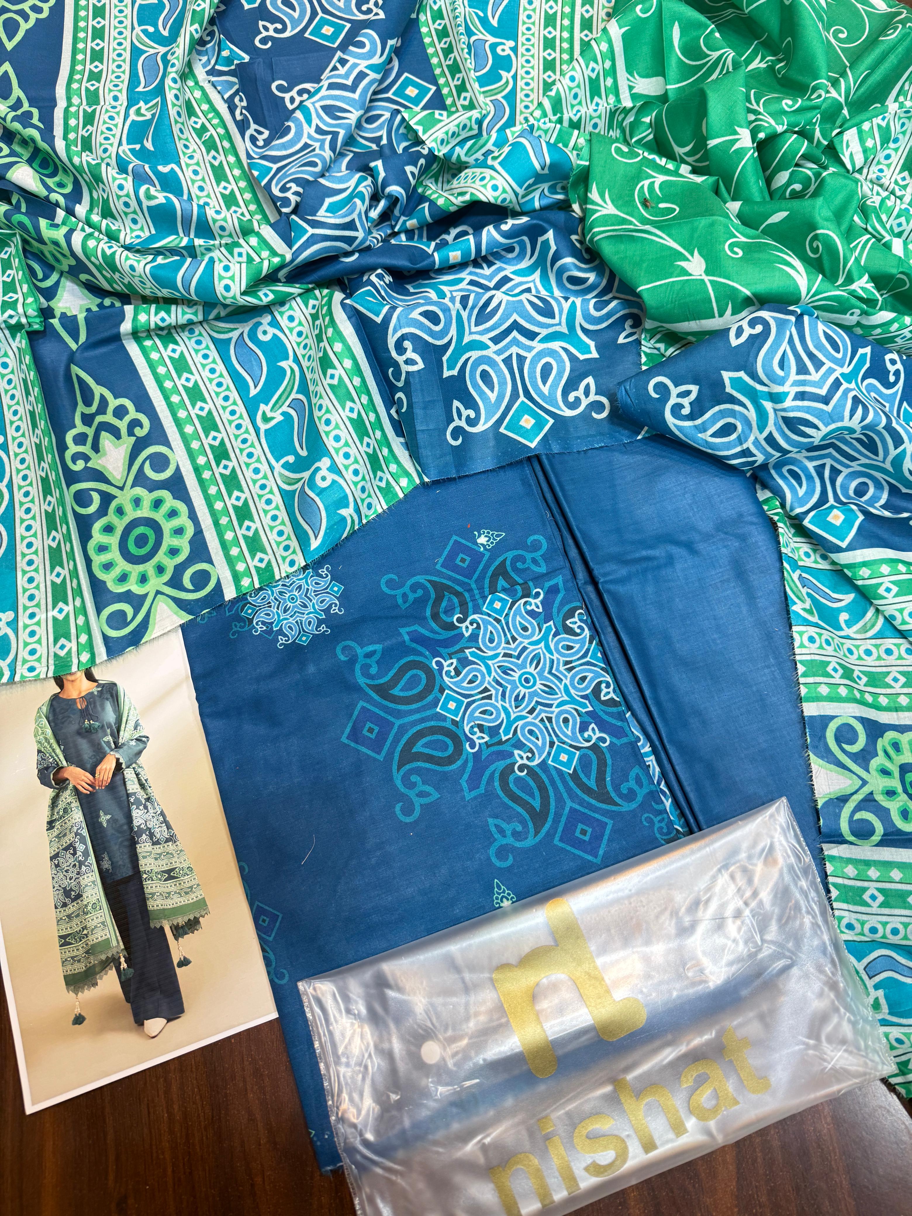 Nishat - 3pc Digital Lawn with 4 Side Printed Dopatta