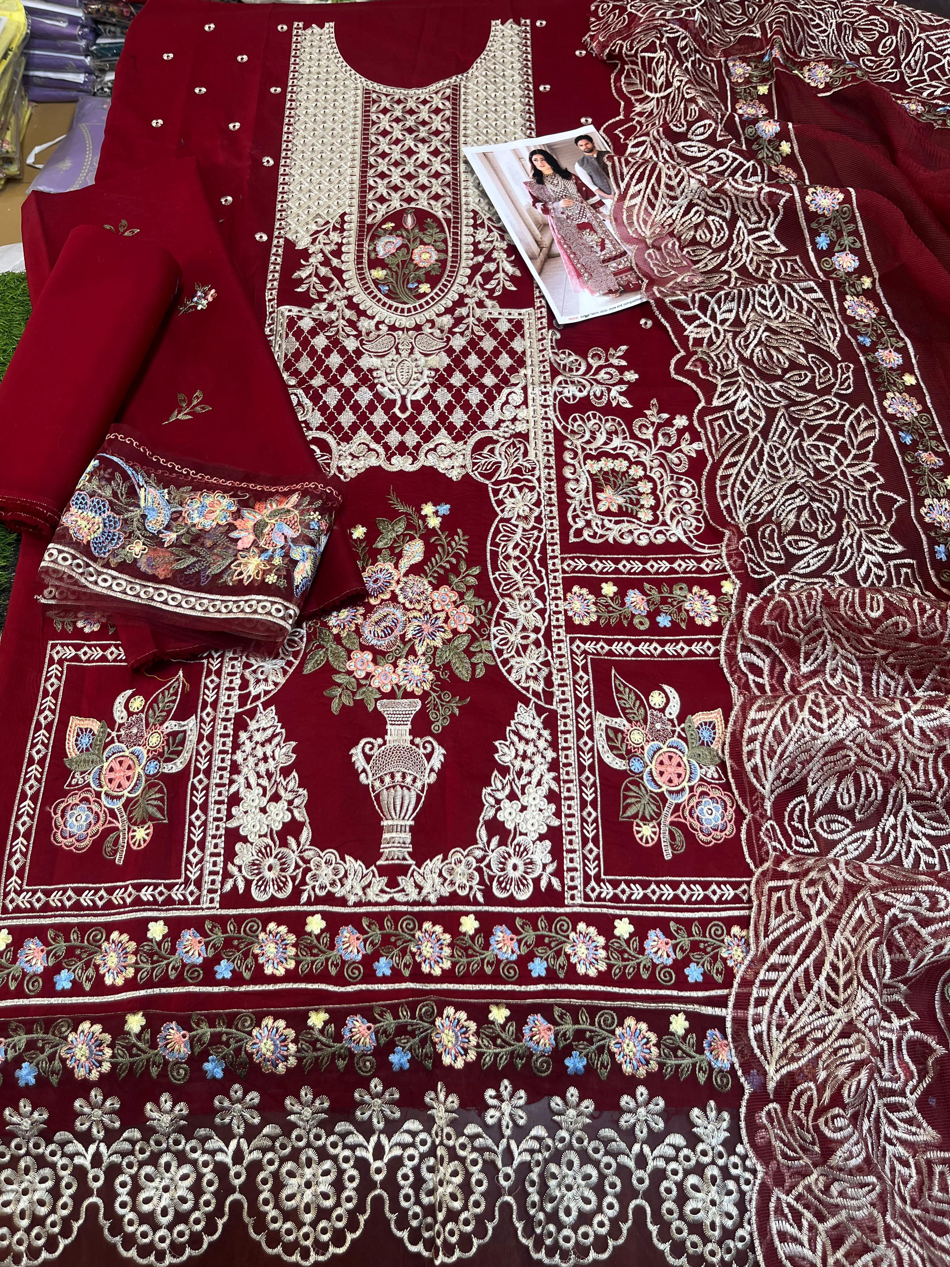 Chrimson - 3pc Chikenkari Embroidered Lawn with Emb khaadi Net Dopatta