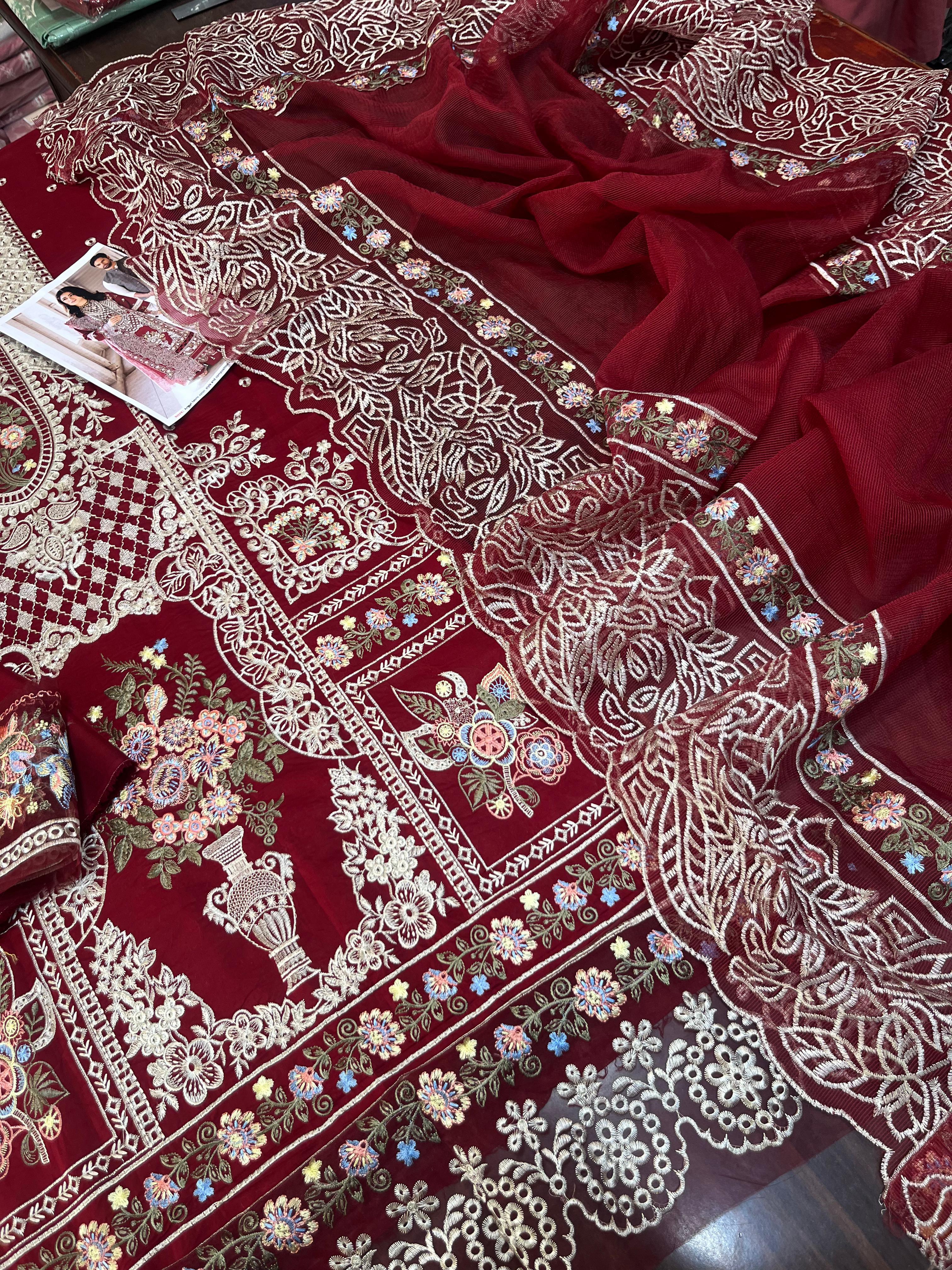 Chrimson - 3pc Chikenkari Embroidered Lawn with Emb khaadi Net Dopatta