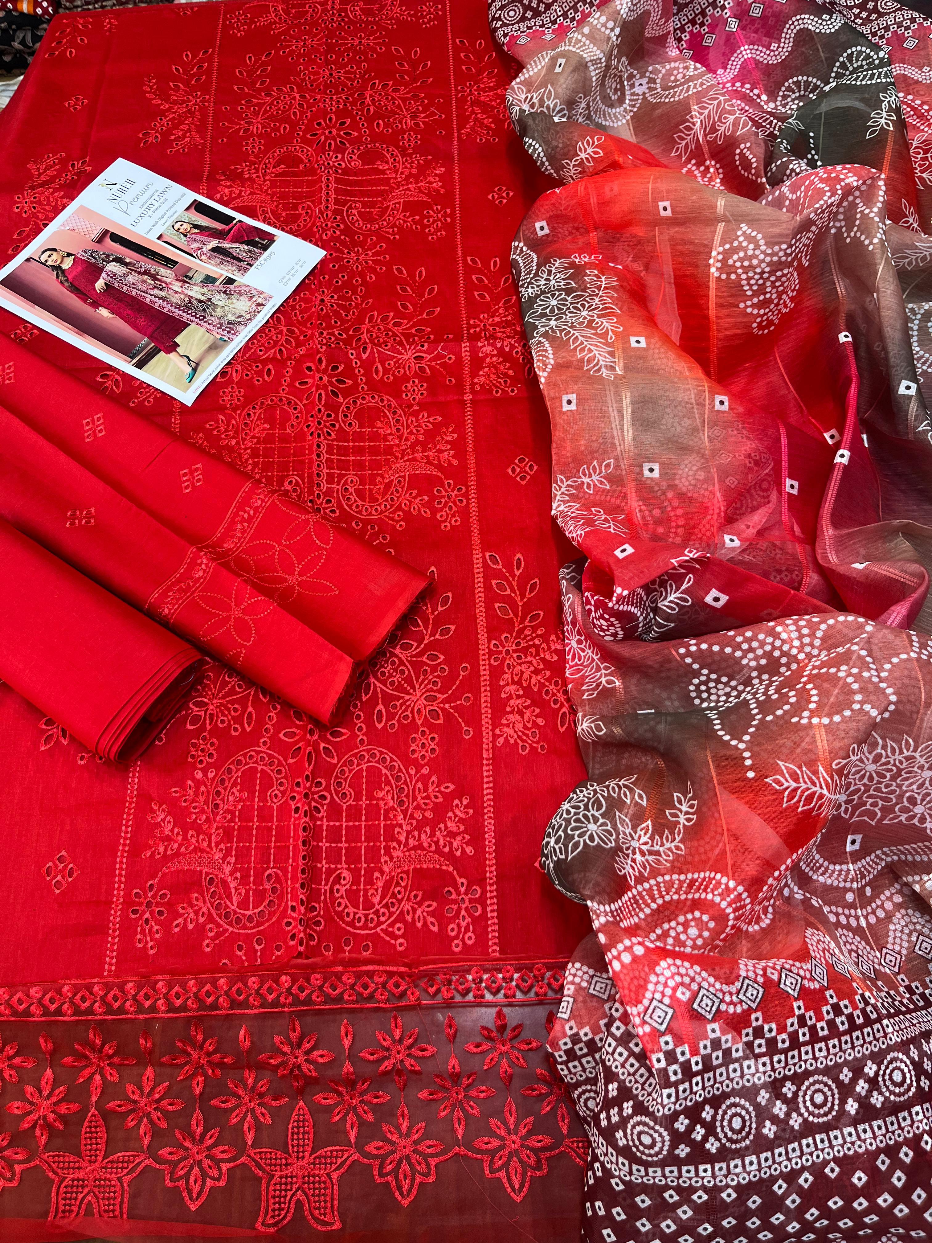 Nureh - 3pc Chikenkari Embroidered Lawn with Printed Diamond Dopatta