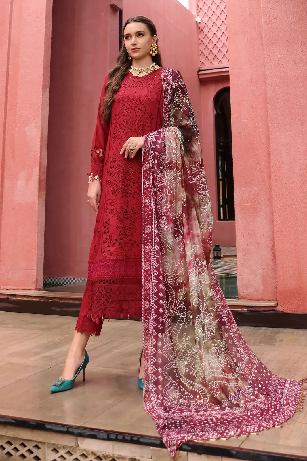 Nureh - 3pc Chikenkari Embroidered Lawn with Printed Diamond Dopatta