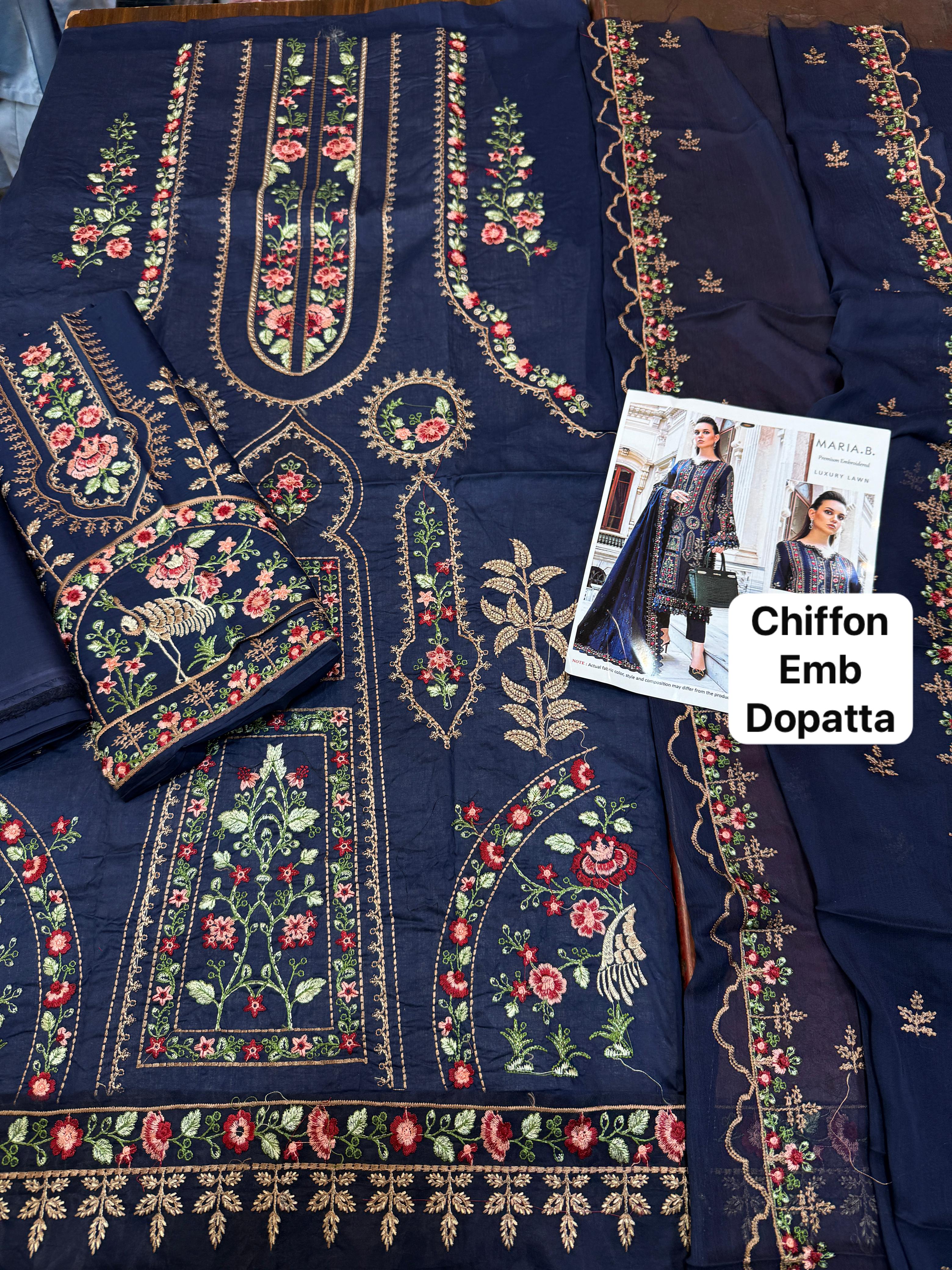 Maria B - 3pc Embroidered Lawn with Emb Chiffon Dopatta