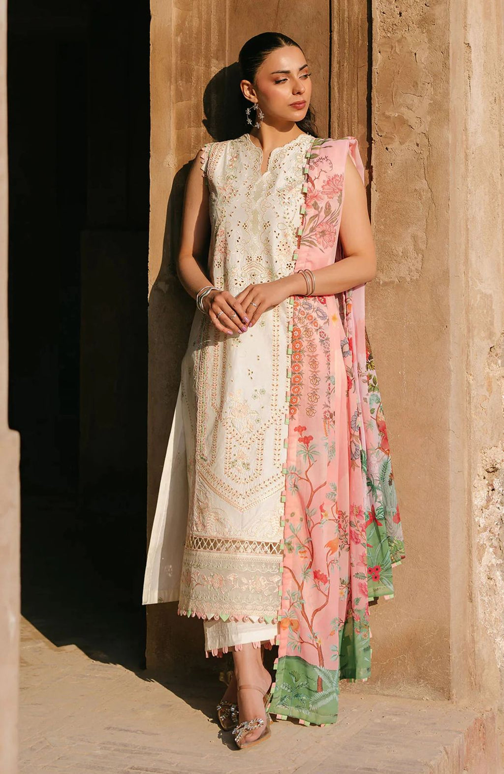 Flona - 3pc Embroidered Lawn with Printed Soft Chiffon Dopatta