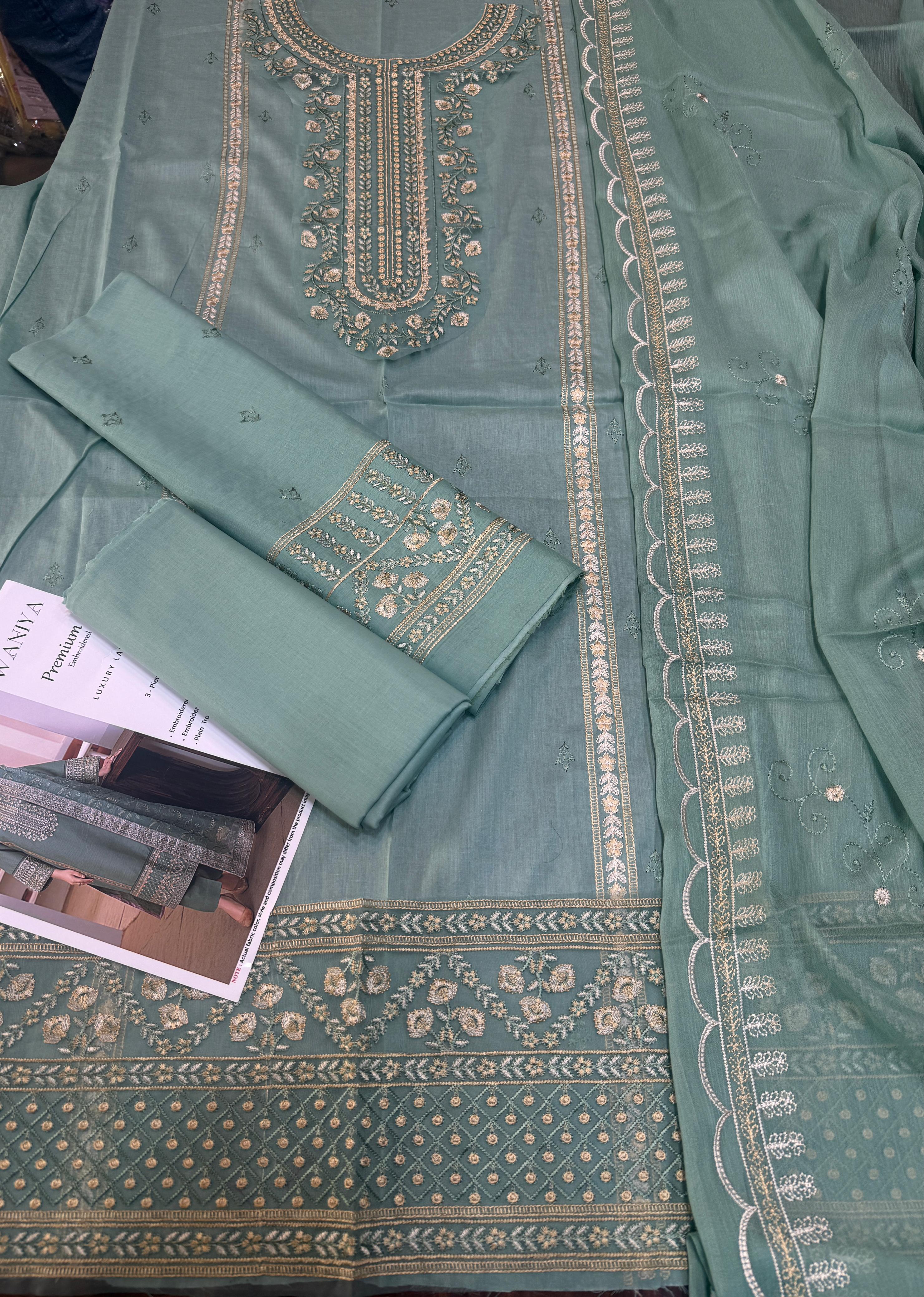 Waniya - 3pc Embroidered Lawn with Emb Chiffon Dopatta