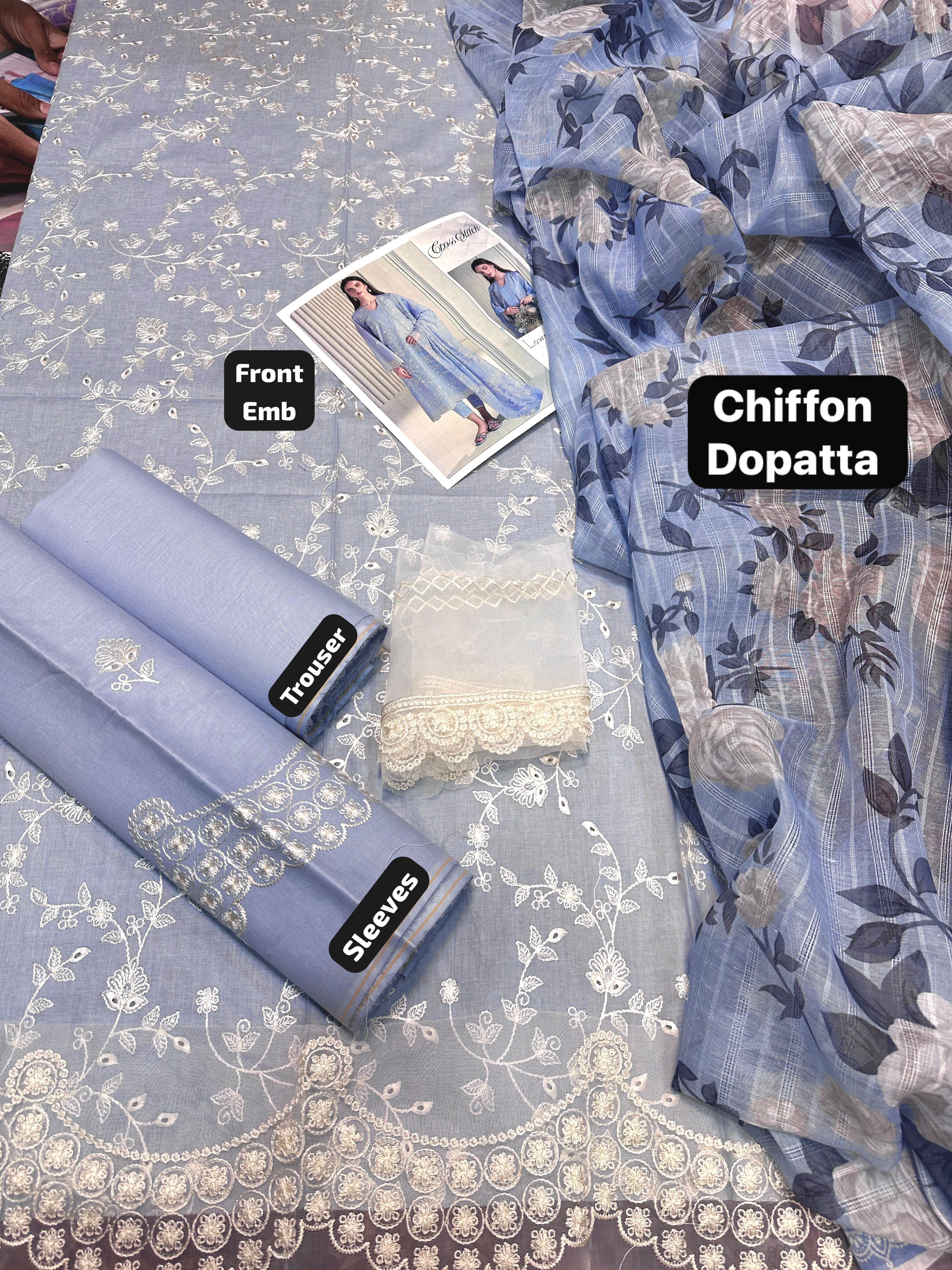 Cross Stich - 3pc Embroidered Lawn with Printed Soft Chiffon Dopatta