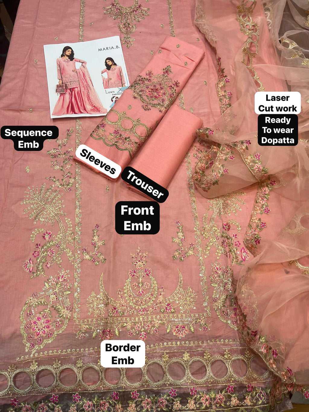 Maria B - 3pc Embroidered Lawn with Emb ready to wear Organza Laser cut work Dopatta