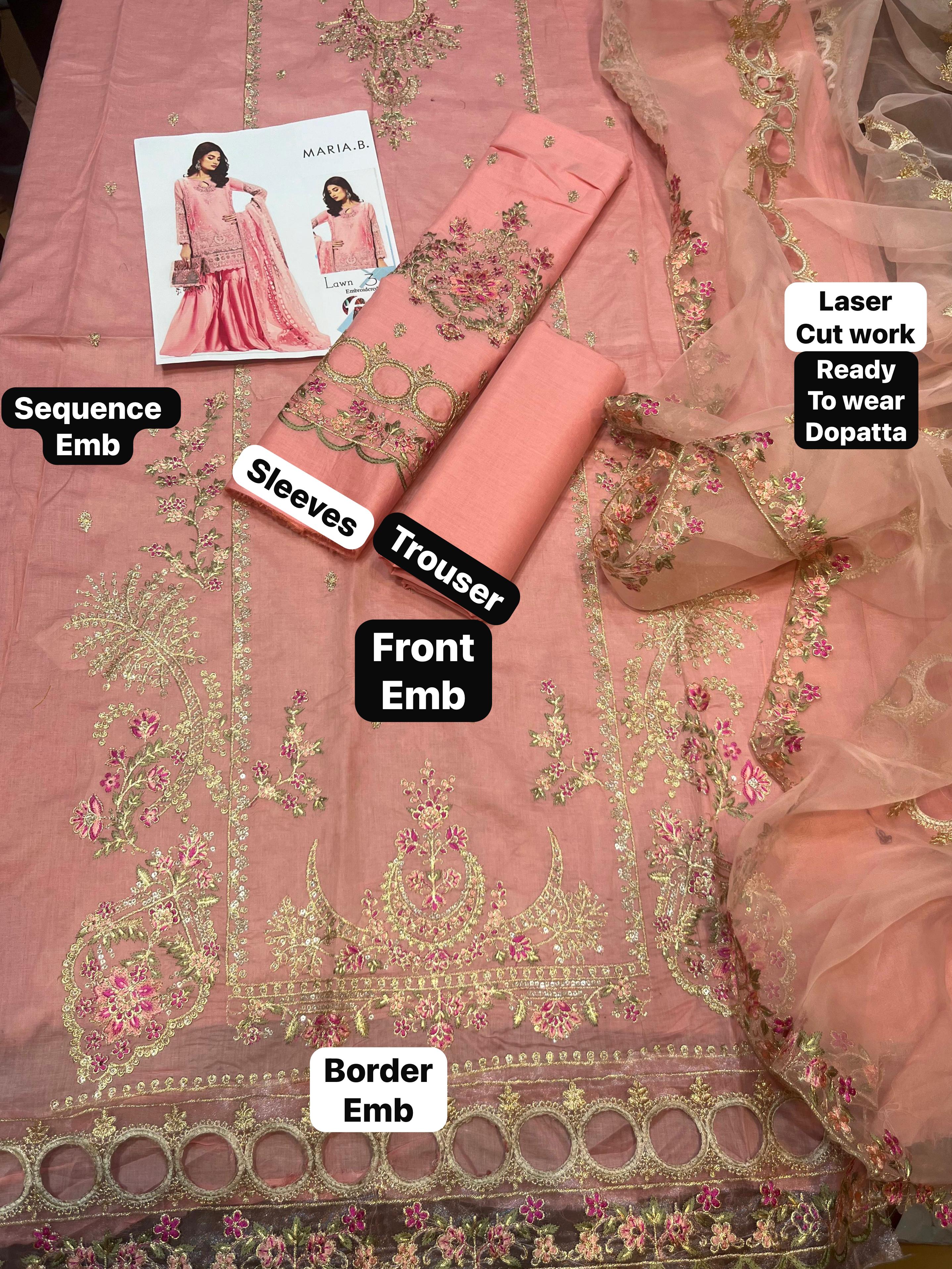 Maria B - 3pc Embroidered Lawn with Emb ready to wear Organza Laser cut work Dopatta