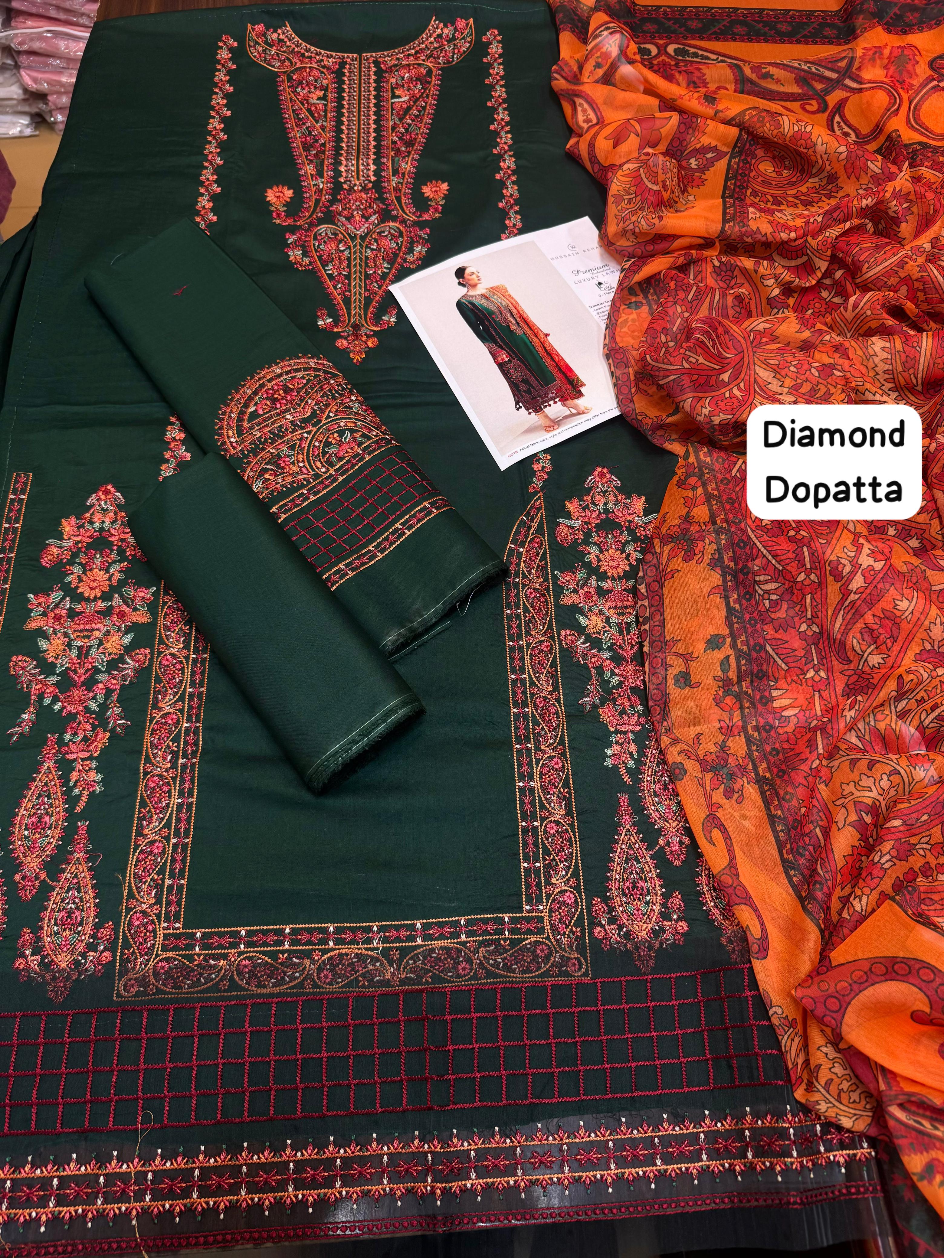 Hussain Rehar - 3pc Embroidered Lawn with Printed Dimond Dopatta