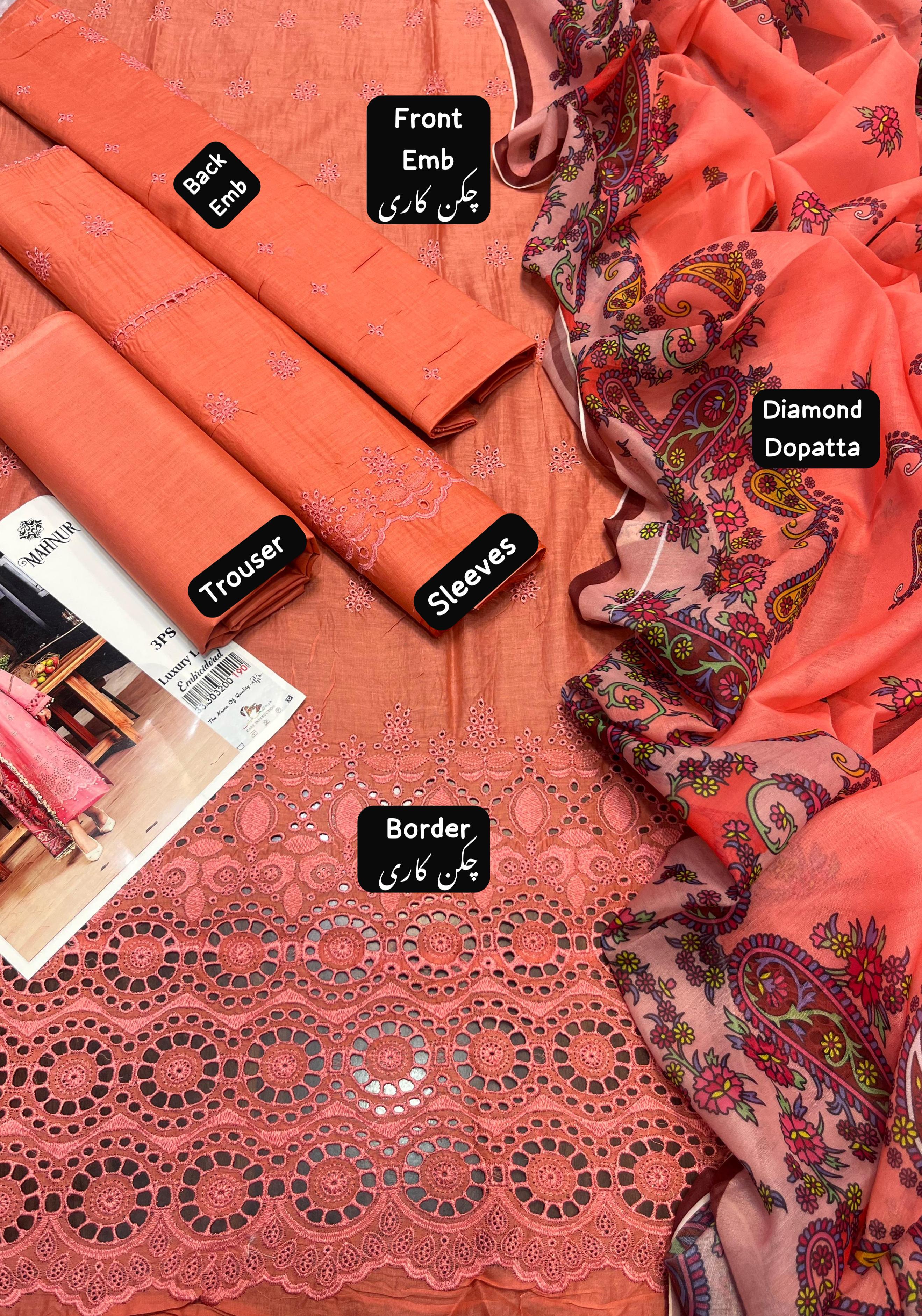 Mahnur - 3pc Chikenkari Embroidered Lawn with Digital Printed Diamond Dopatta
