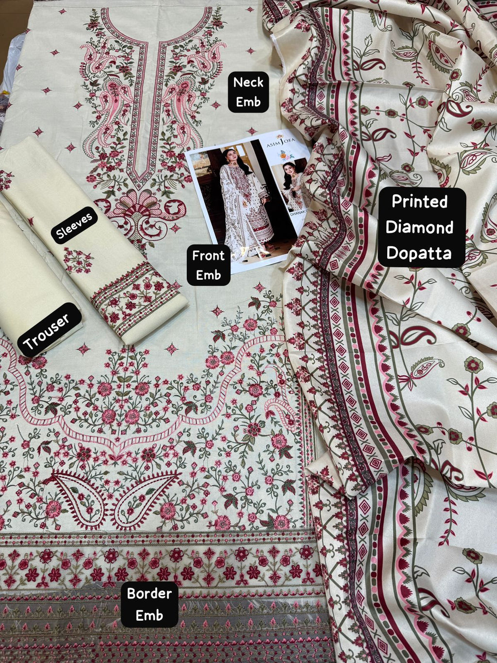 Asim Jofa - 3pc Embroidered Lawn with Printed Tarkashi Diamond Dopatta