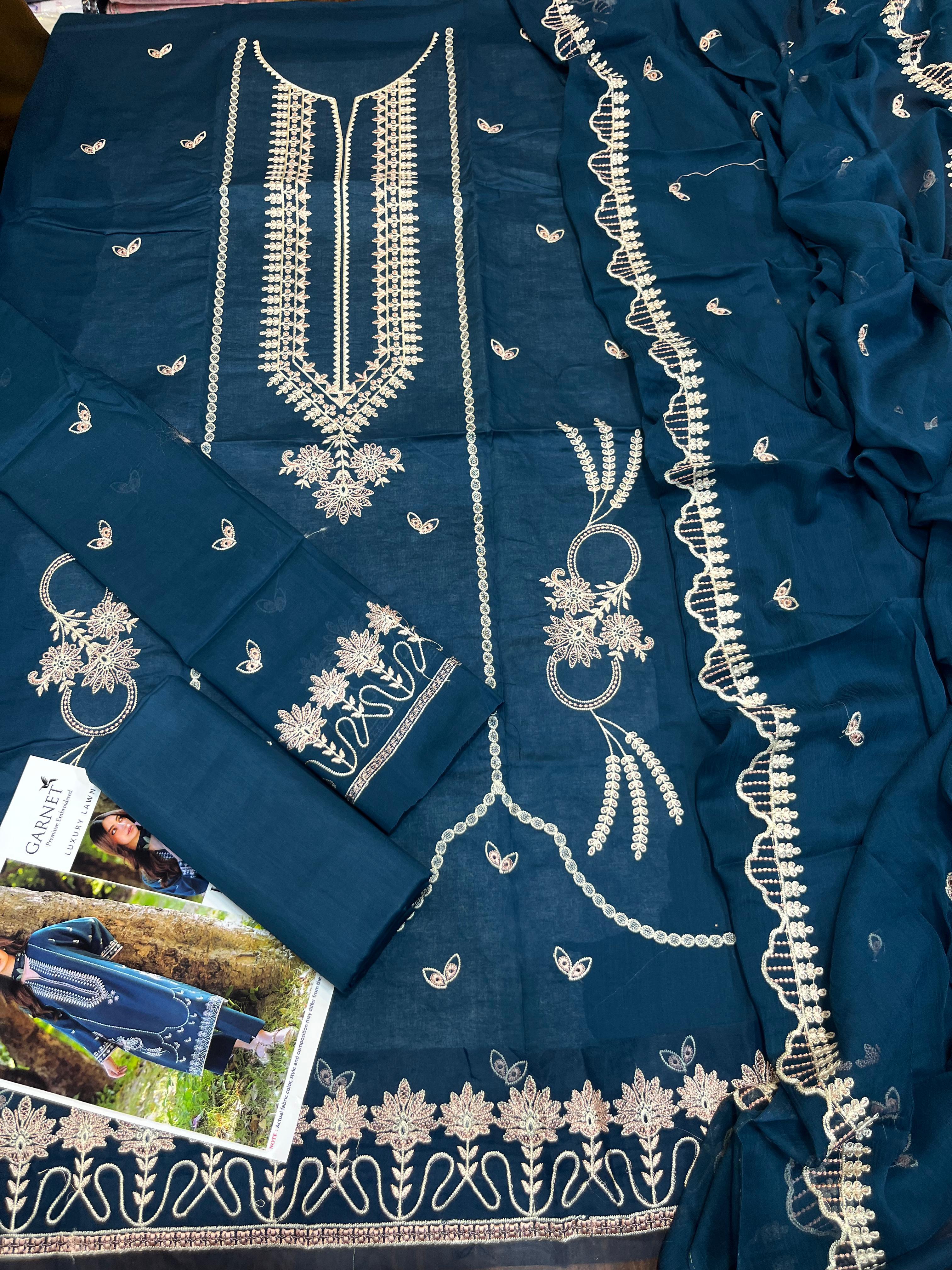 Garnet - 3pc Embroidered Lawn with Emb Chiffon Dopatta