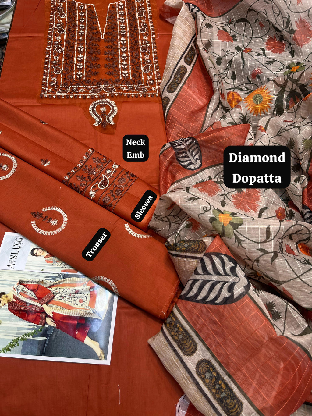 A Sling - 3pc Embroidered Lawn with Printed Diamond Dopatta