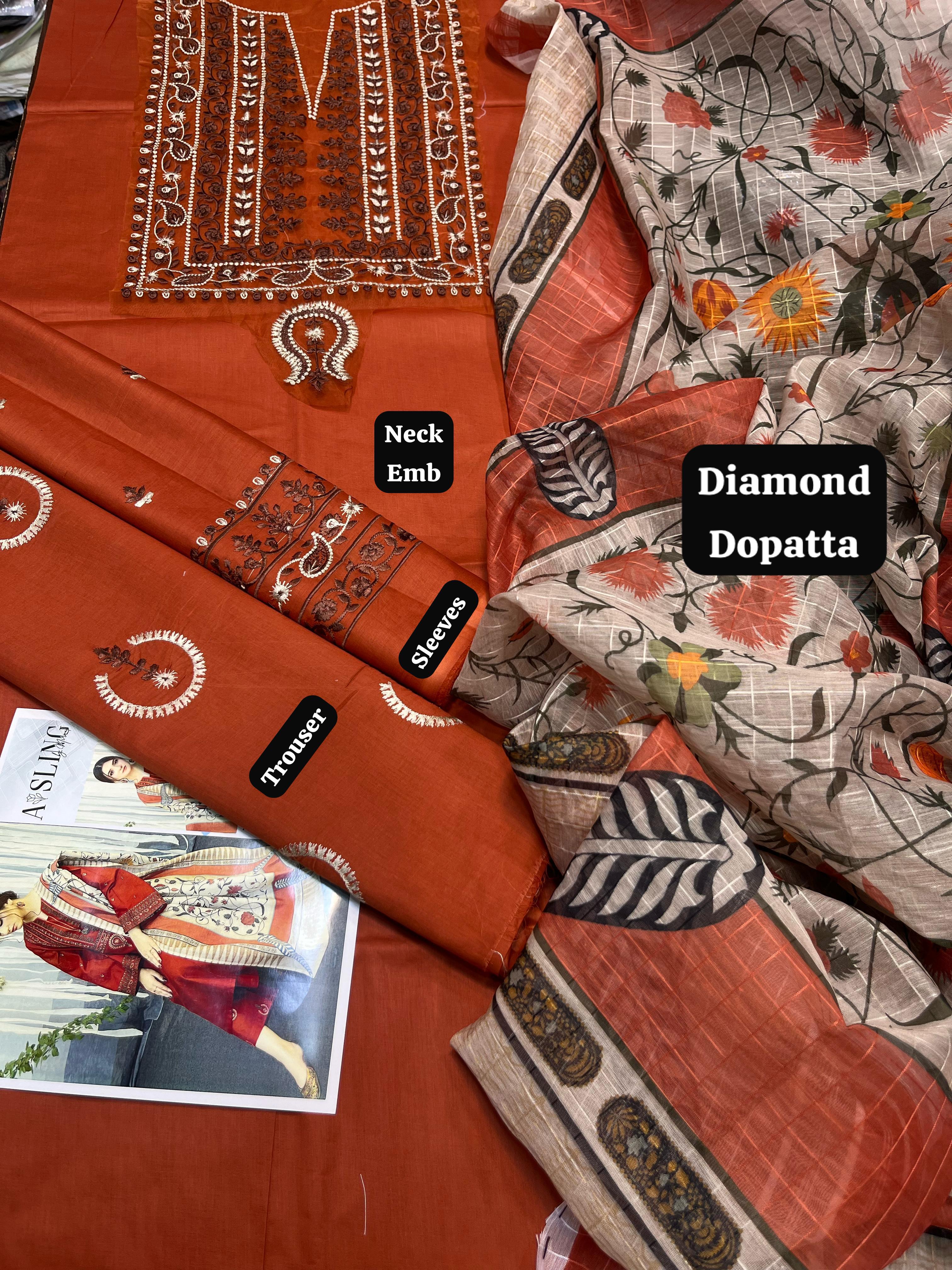 A Sling - 3pc Embroidered Lawn with Printed Diamond Dopatta