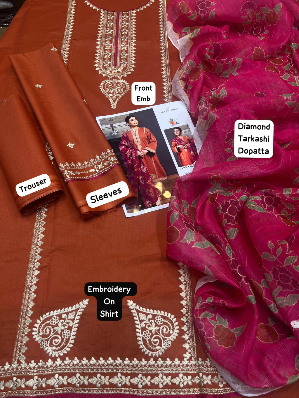 Zarashahjahan - 3pc Embroidered Lawn with Printed diamond Dopatta