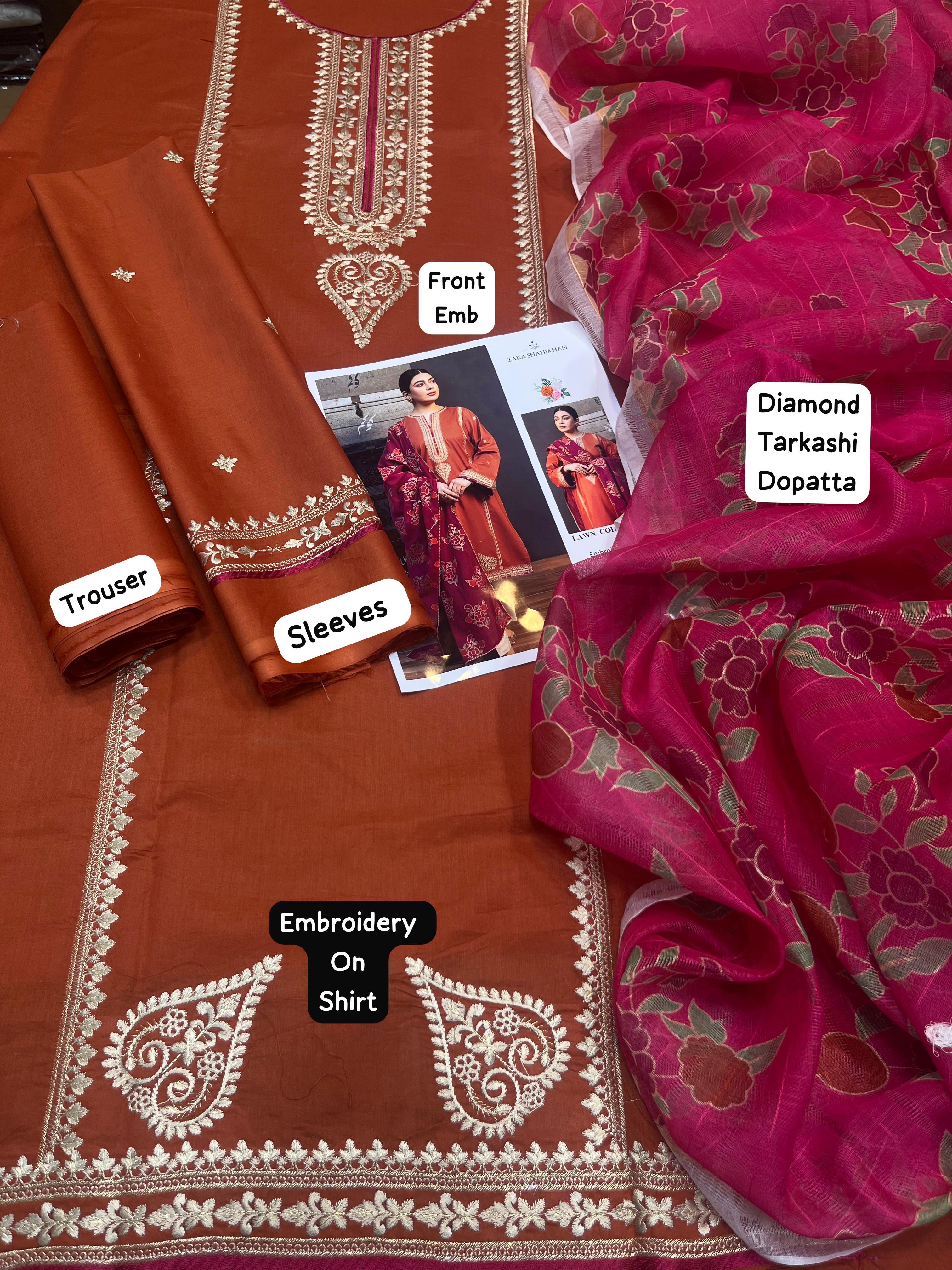 Zarashahjahan - 3pc Embroidered Lawn with Printed diamond Dopatta